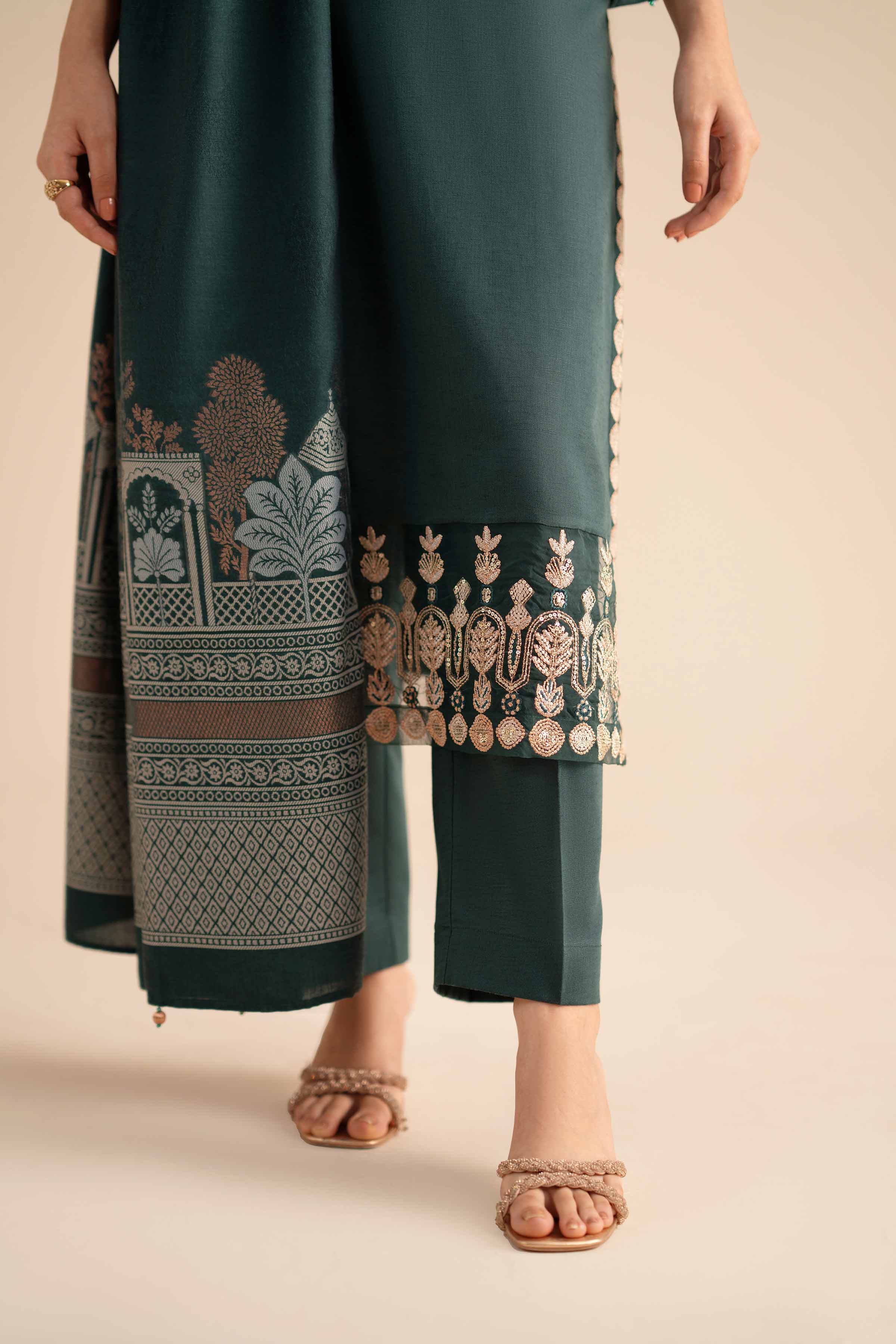 NISHATUAE - Green Embroidered Karandi 3-piece Ready to wear Suit