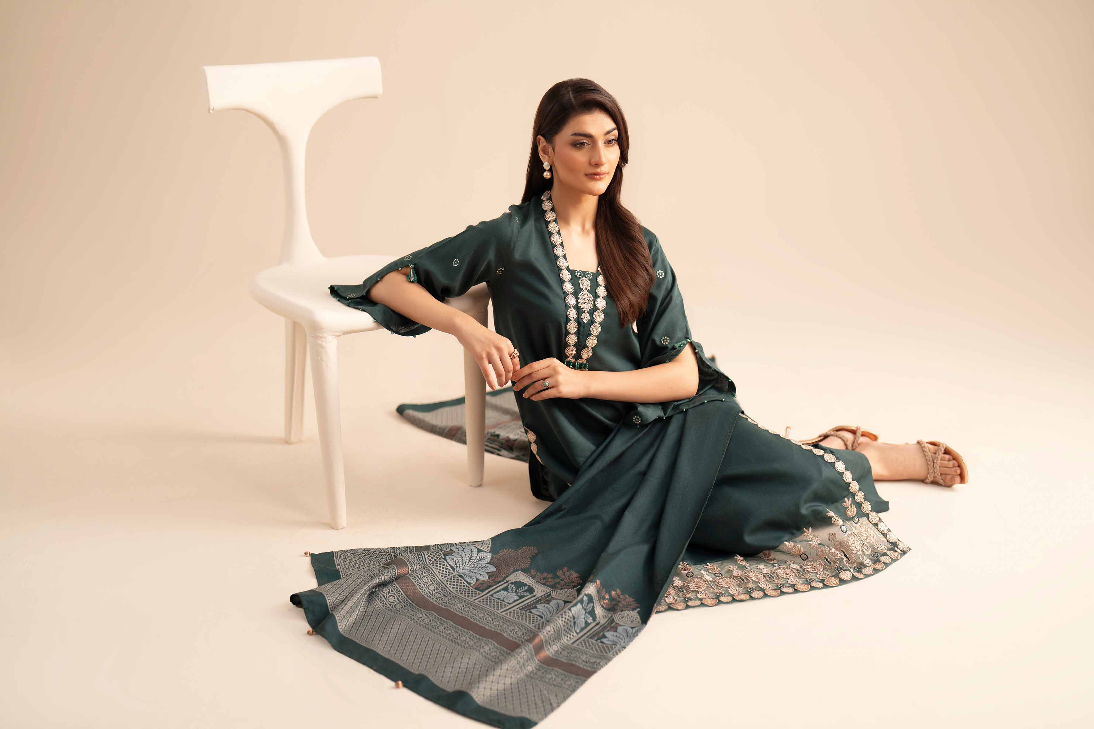 NISHATUAE - Green Embroidered Karandi 3-piece Ready to wear Suit