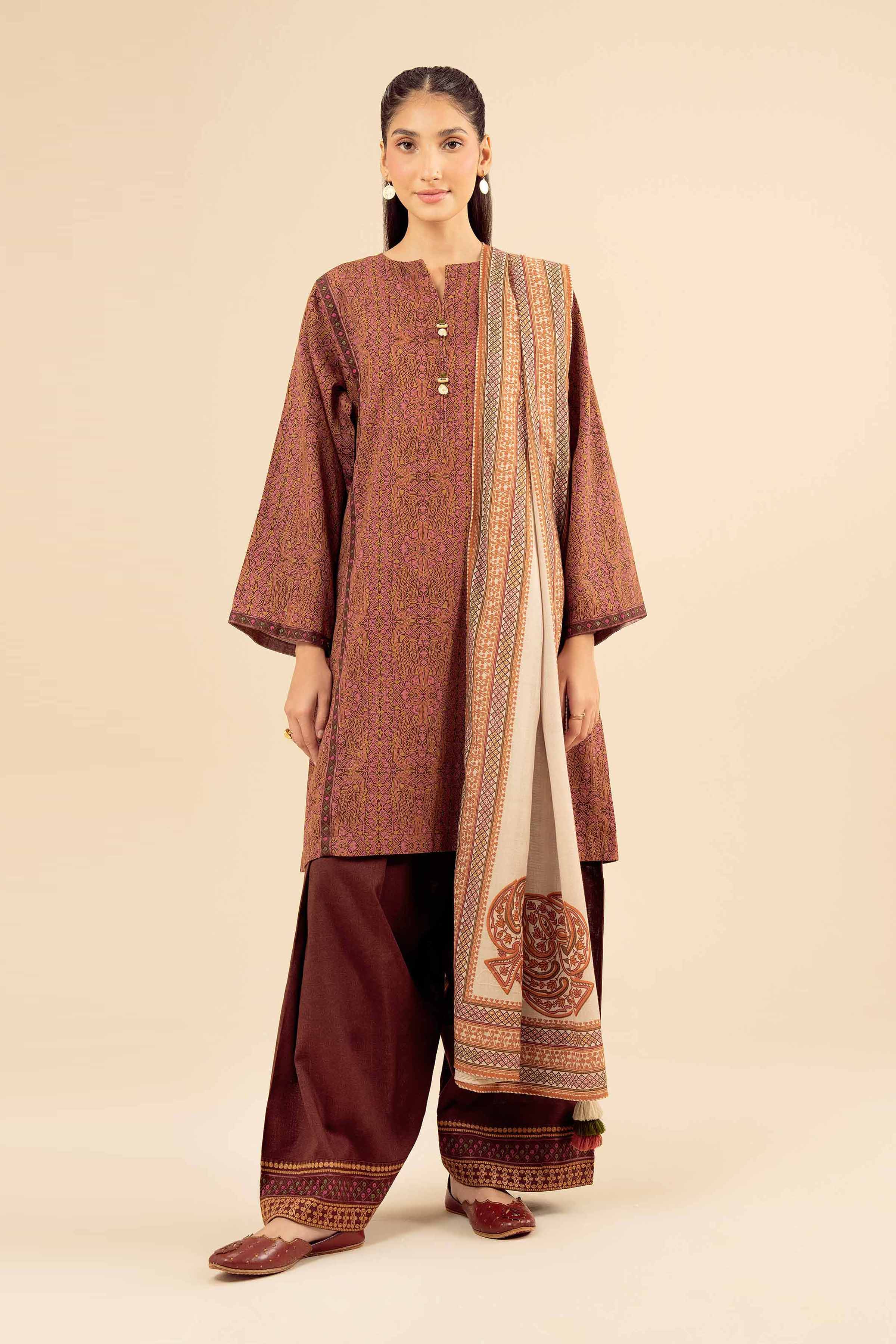 NISHATUAE - Brown Embroidered Karandi 3-piece Ready to wear Suit