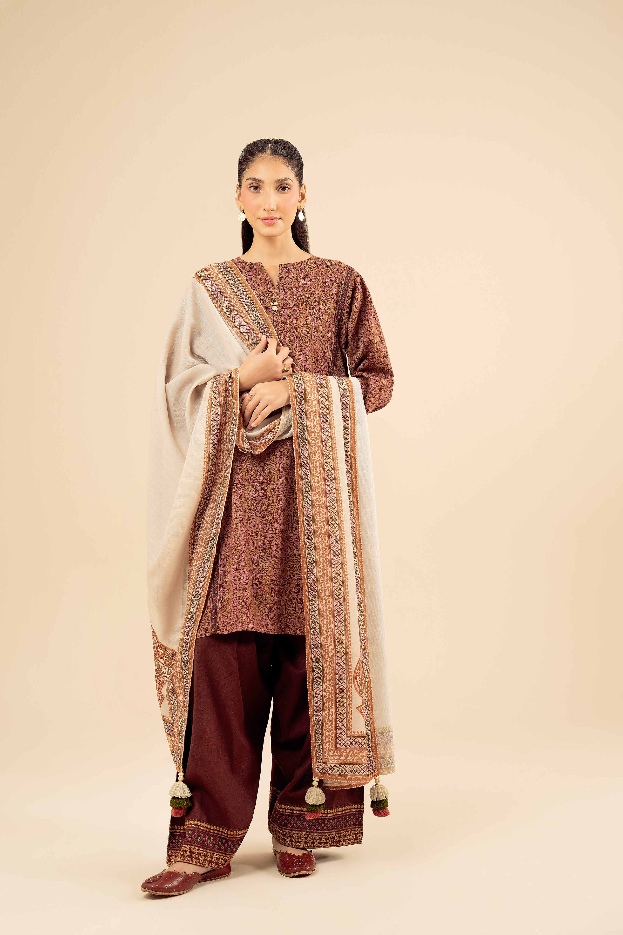 NISHATUAE - Brown Embroidered Karandi 3-piece Ready to wear Suit