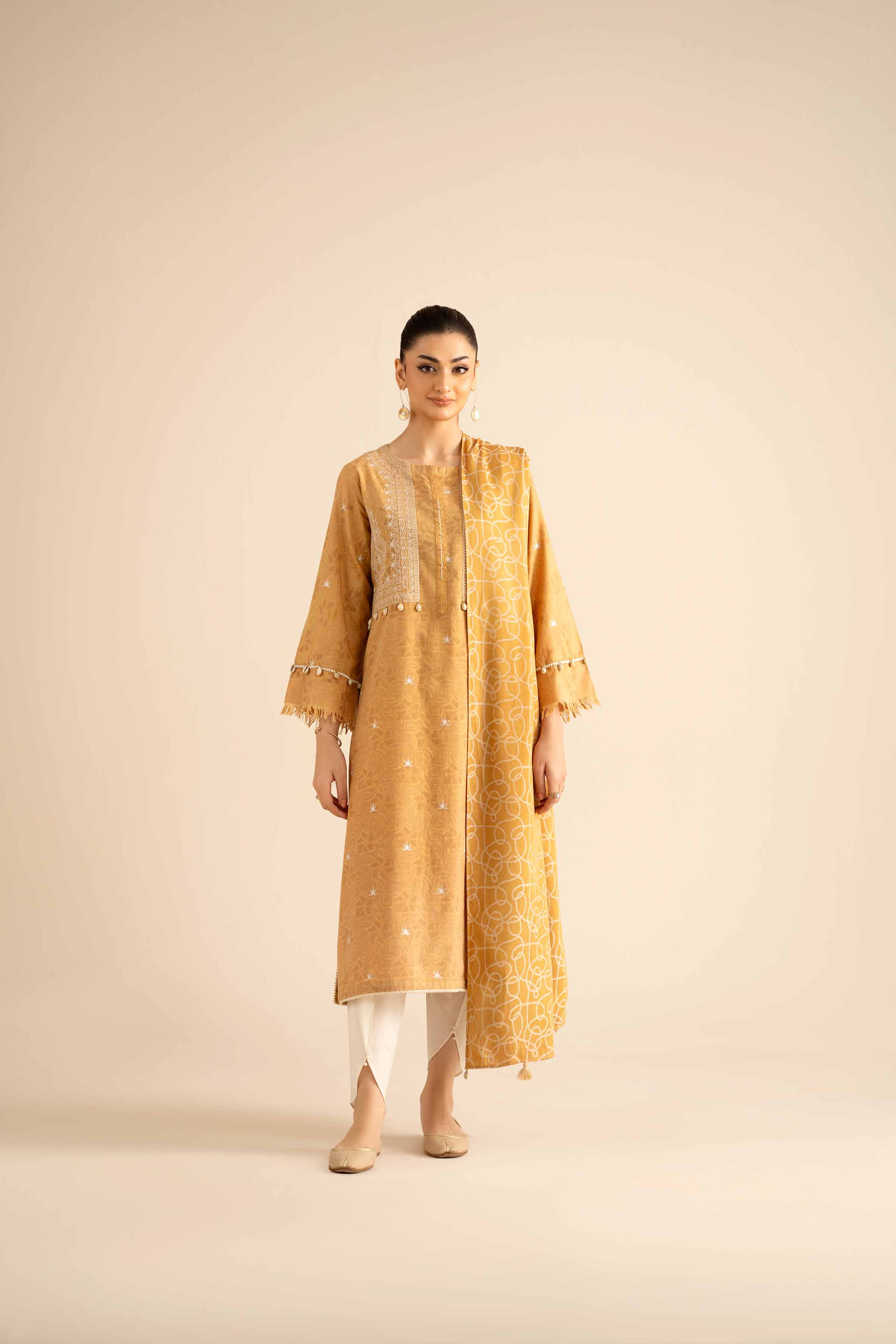 NISHATUAE - Mustard Embroidered Jacquard 2-piece Ready to wear Dress
