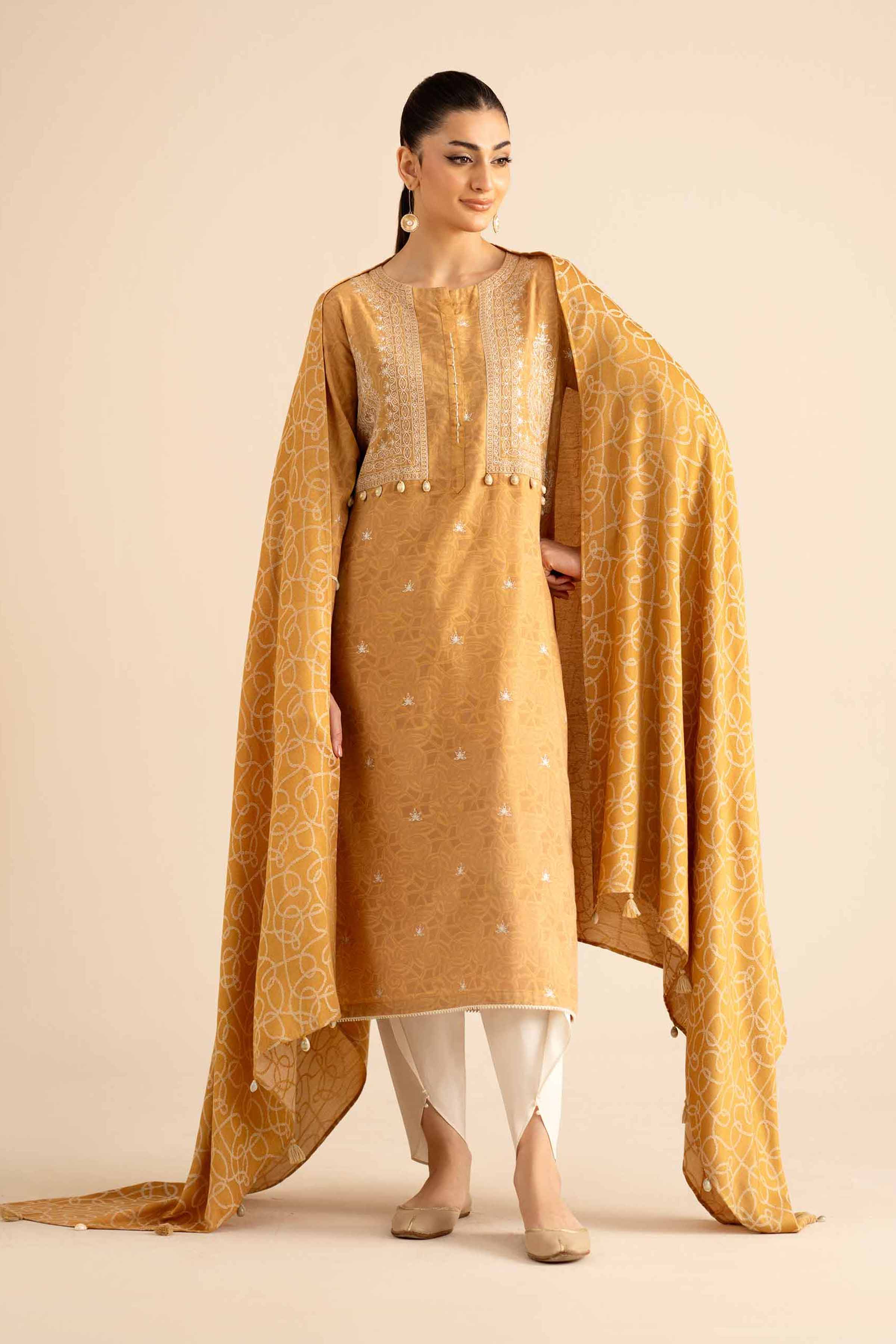 NISHATUAE - Mustard Embroidered Jacquard 2-piece Ready to wear Dress
