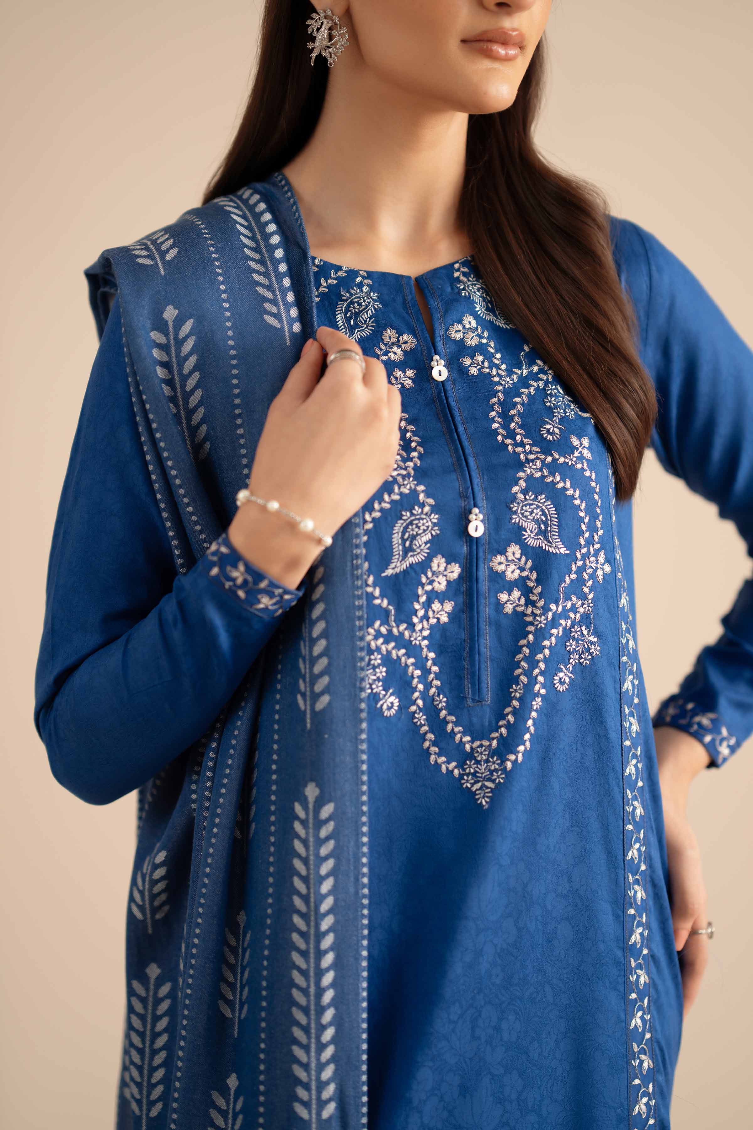 NISHATUAE - Blue Embroidered Jacquard 2-piece Ready to wear Dress