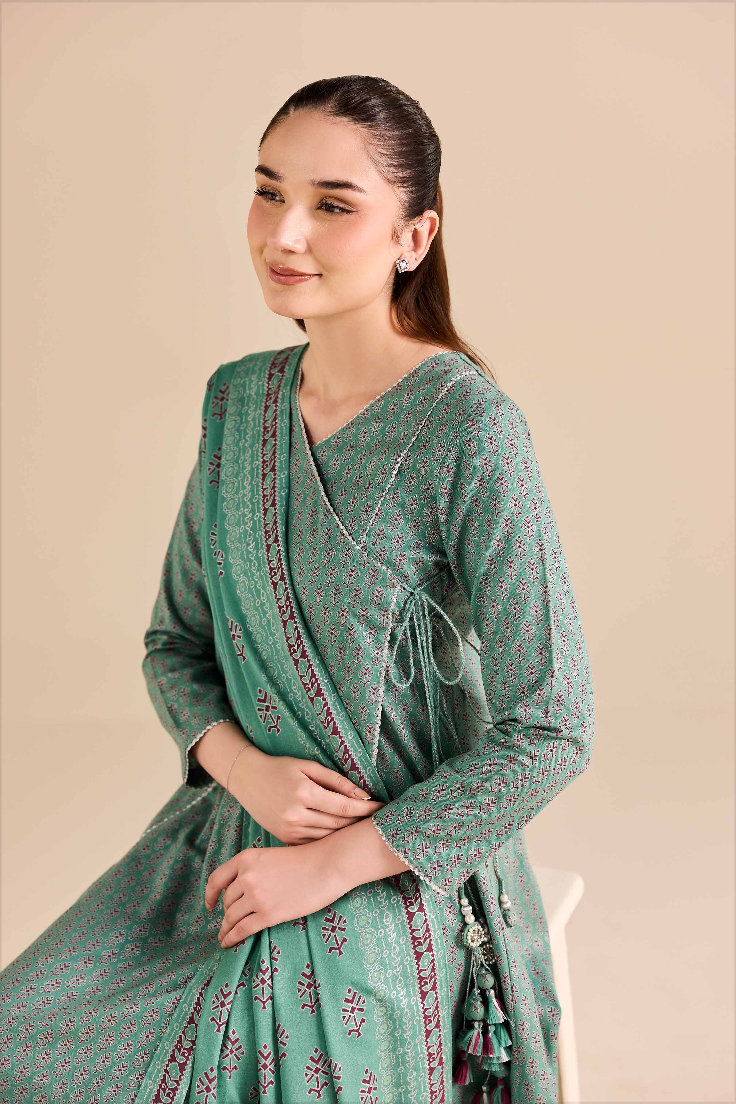 NISHATUAE - Green Printed Karandi 3-piece Ready to wear Suit
