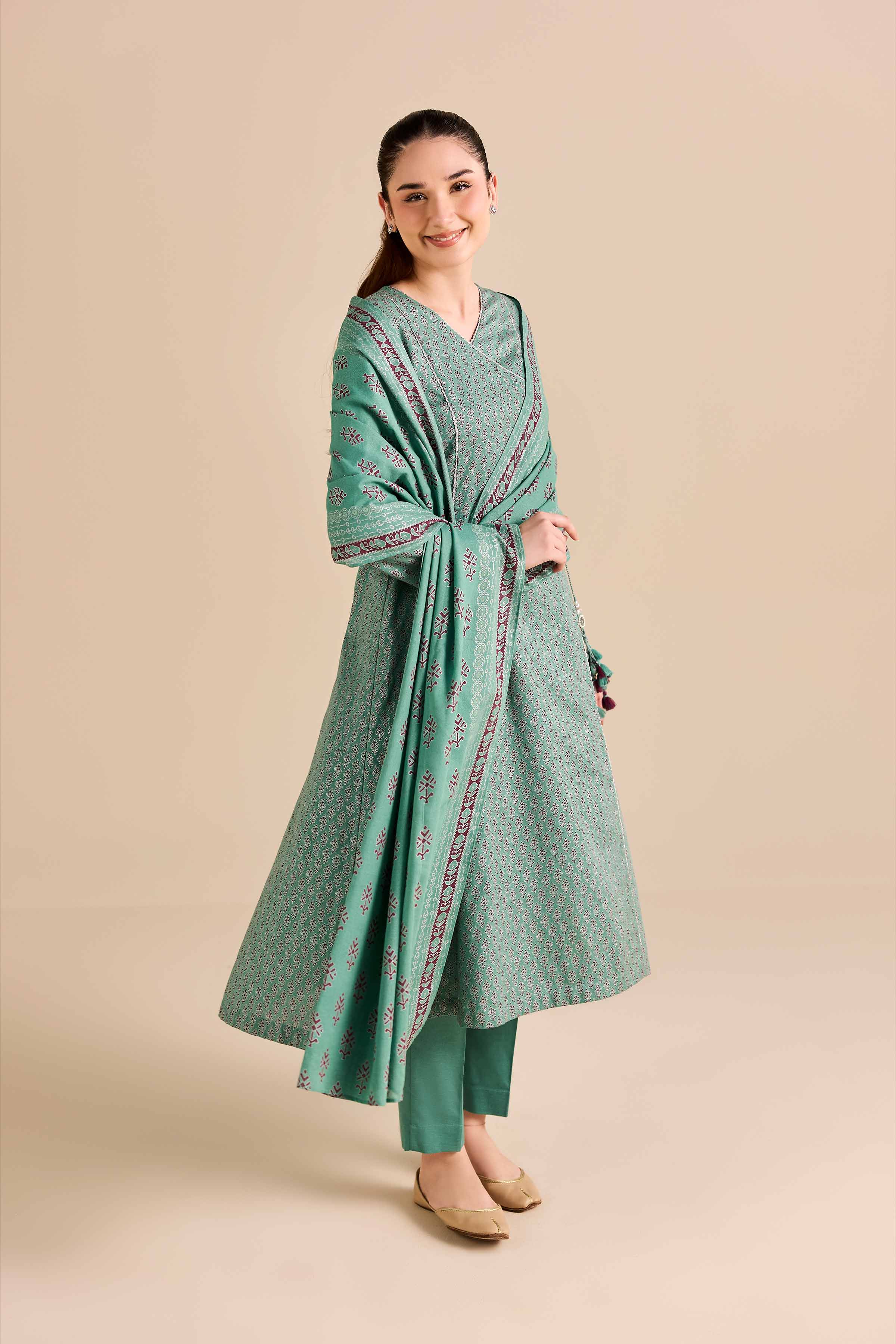 NISHATUAE - Green Printed Karandi 3-piece Ready to wear Suit
