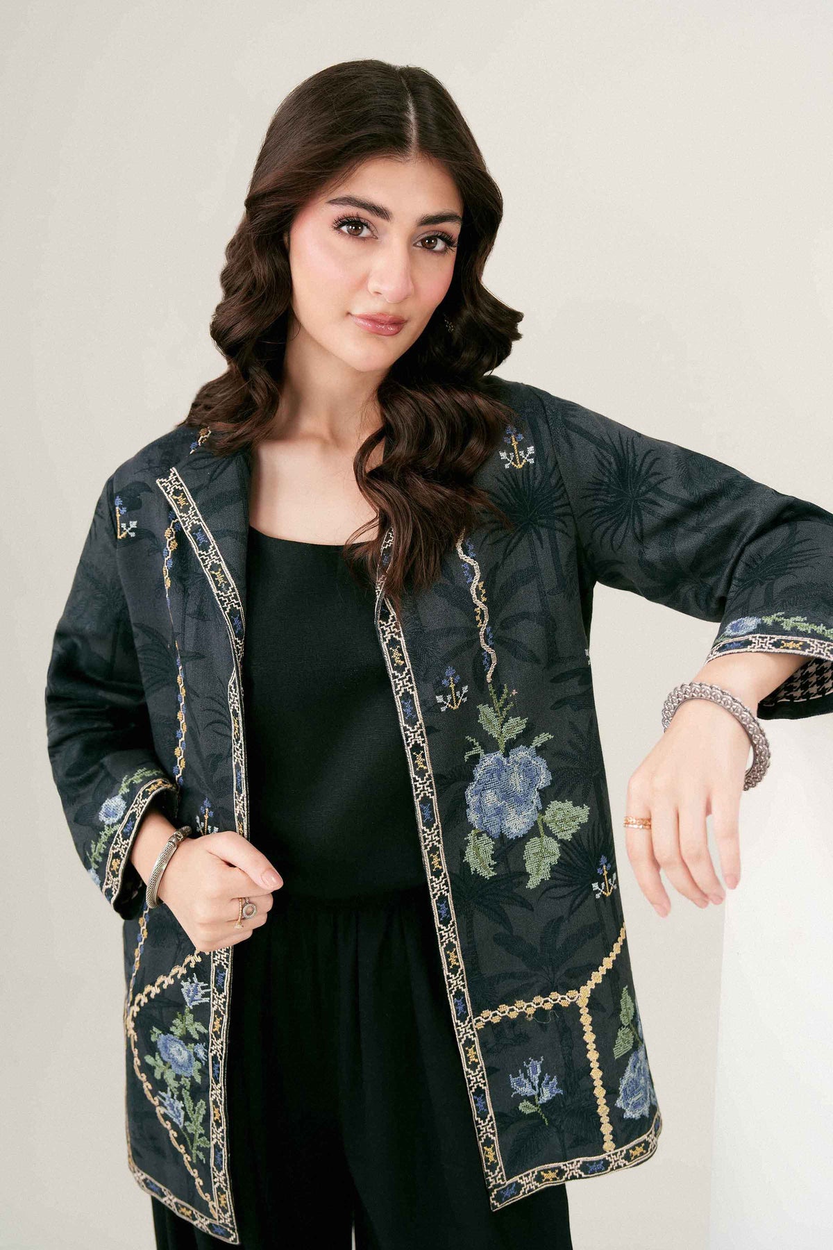 Black Printed Embroidered Jacket in Khaddar ready-to-wear