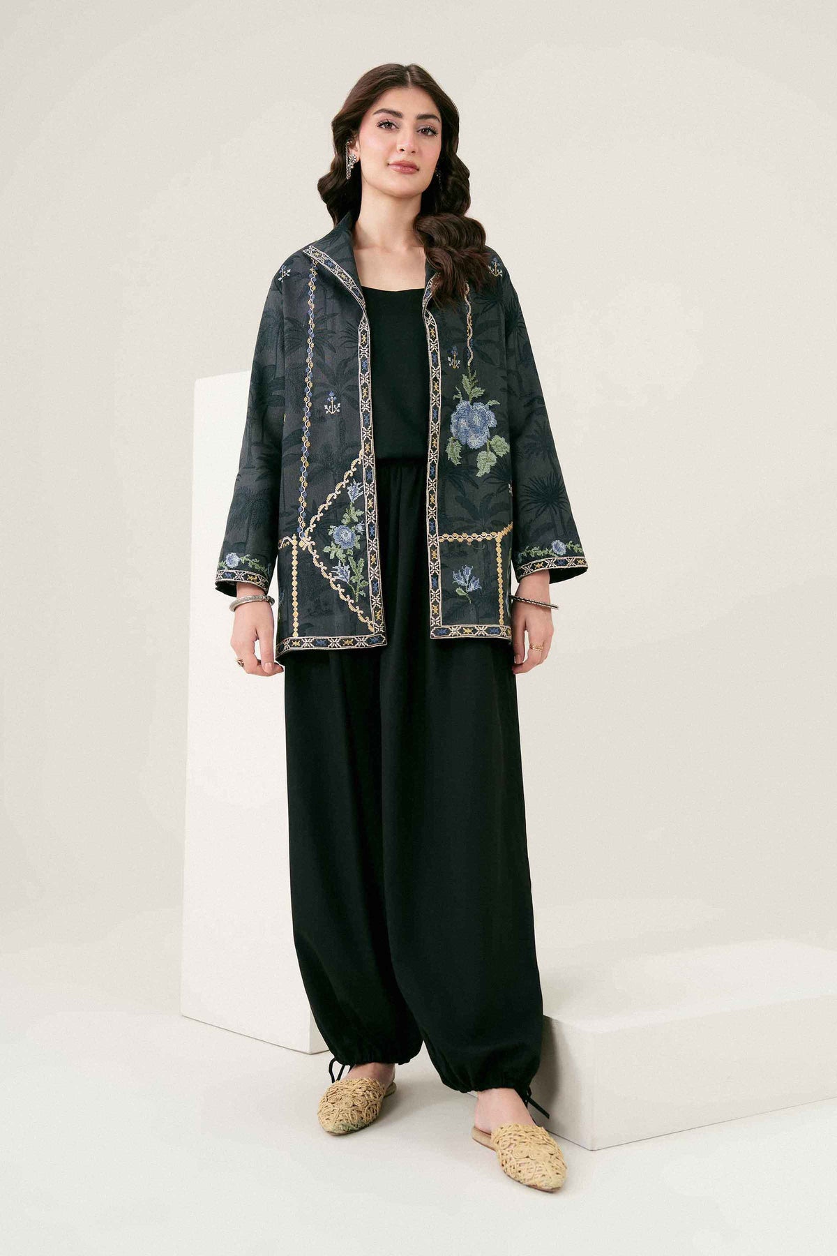 Black Printed Embroidered Jacket in Khaddar ready-to-wear