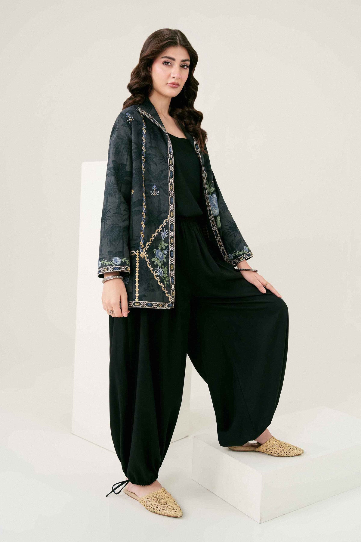Black Printed Embroidered Jacket in Khaddar ready-to-wear