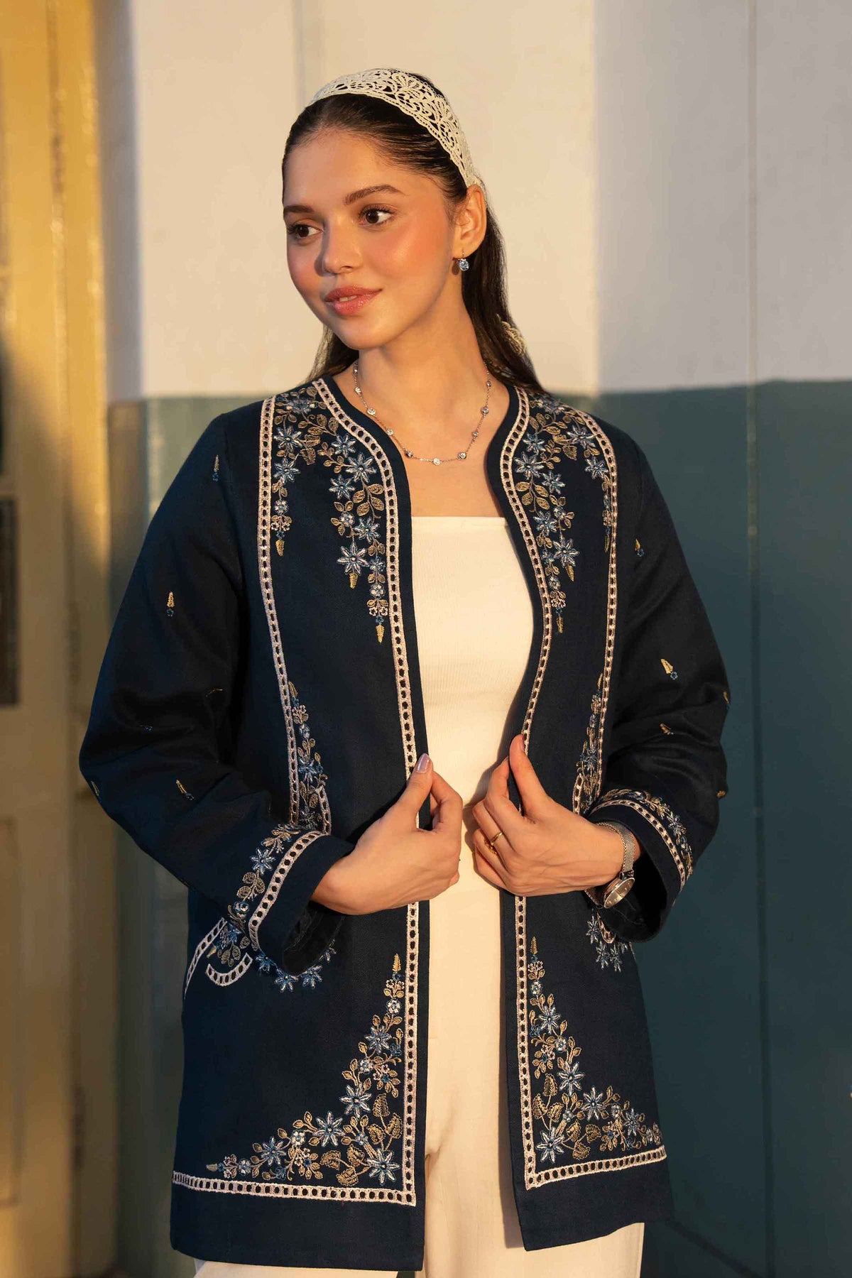Blue Embroidered Jacket in Khaddar ready-to-wear