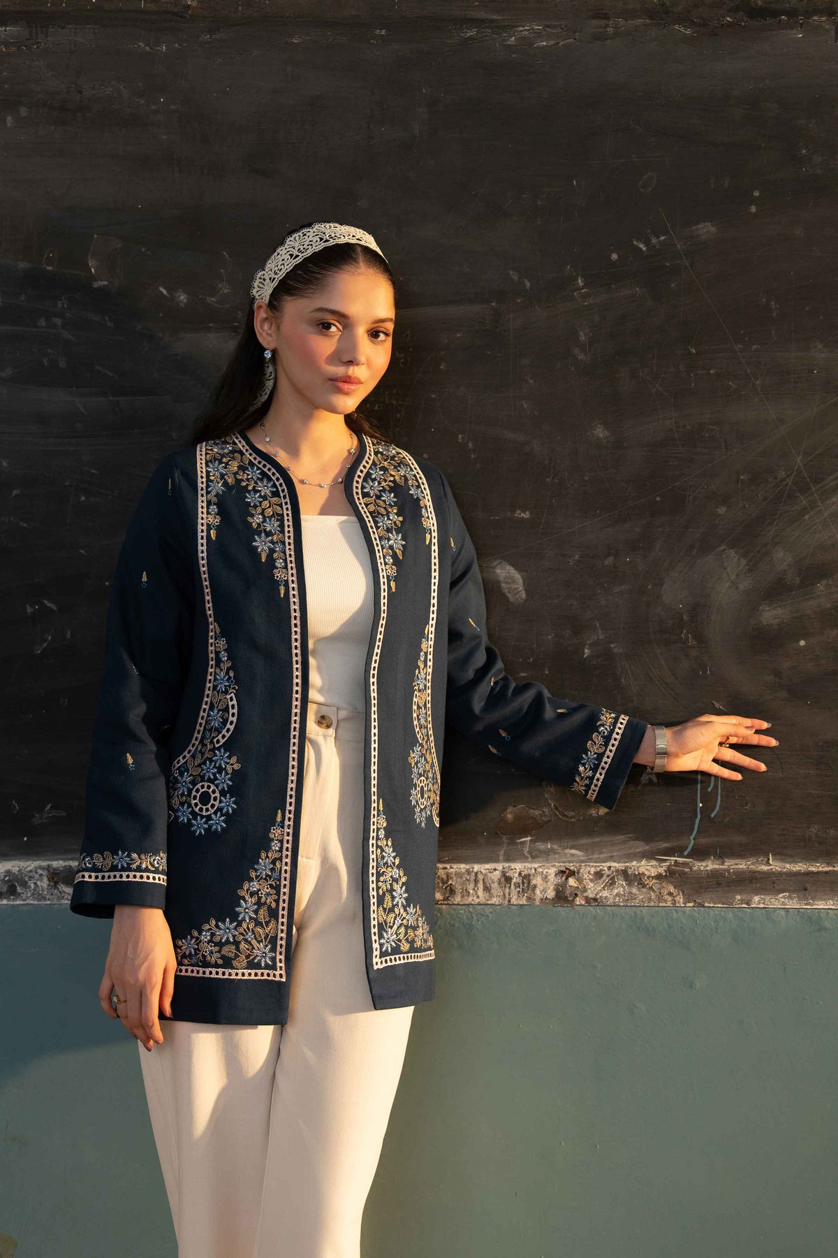 Blue Embroidered Jacket in Khaddar ready-to-wear