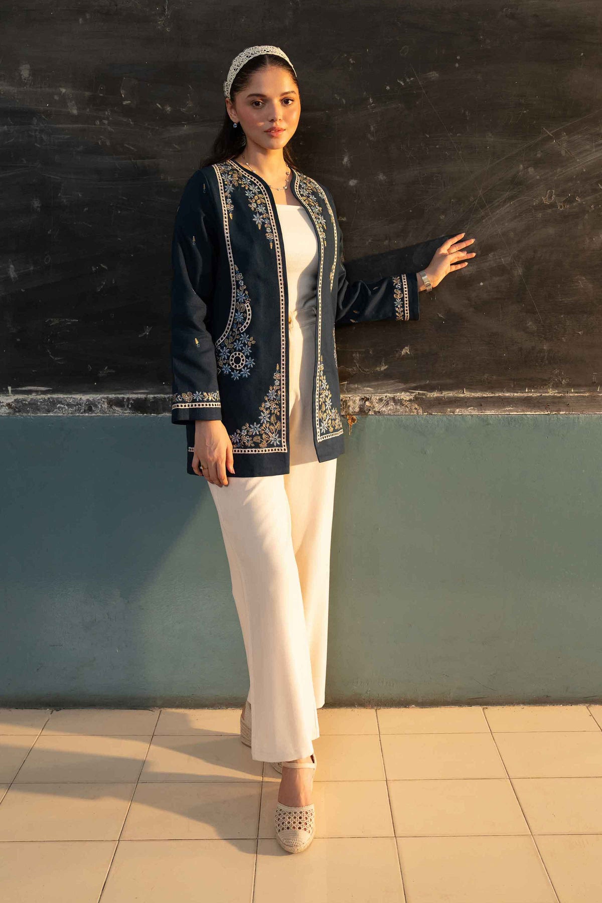 Blue Embroidered Jacket in Khaddar ready-to-wear