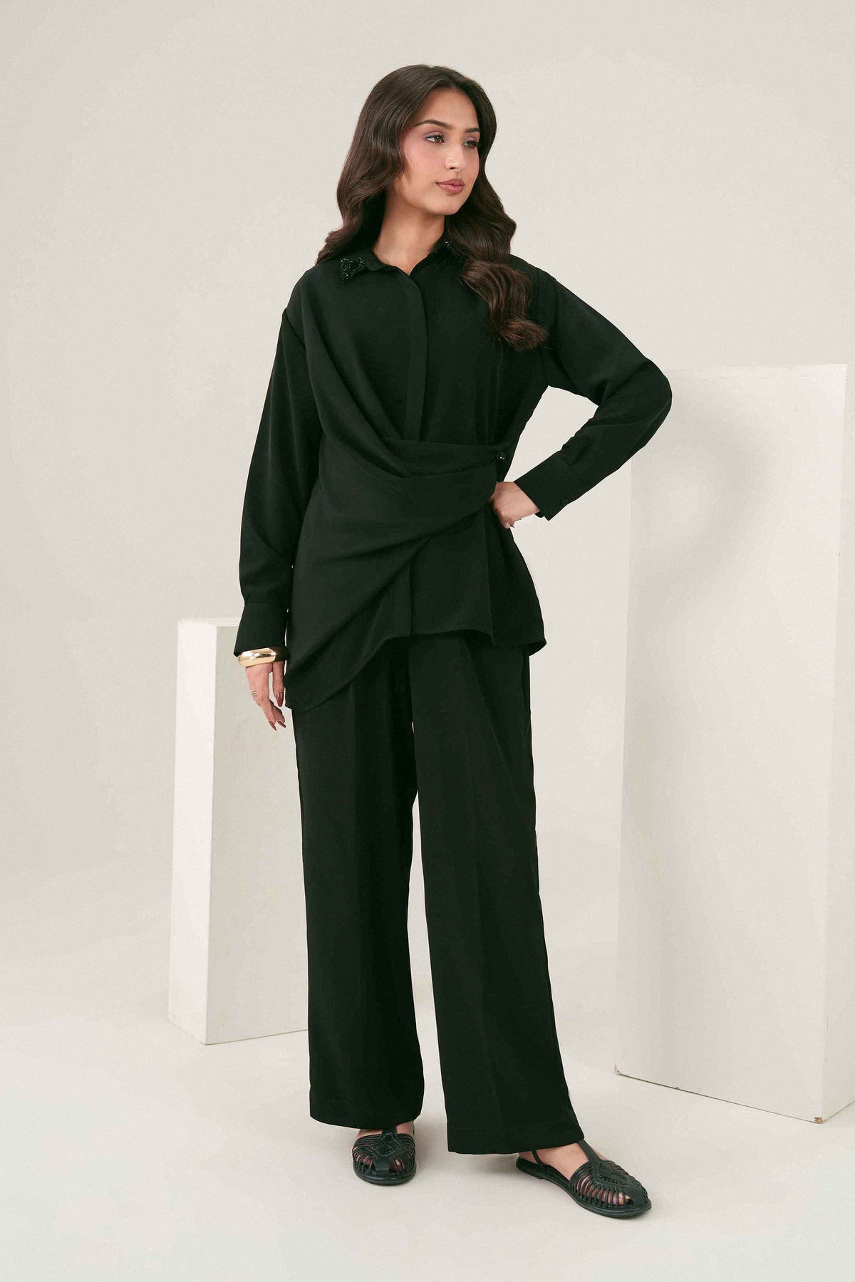 Black 2-Piece Solid Suit in Georgette ready-to-wear