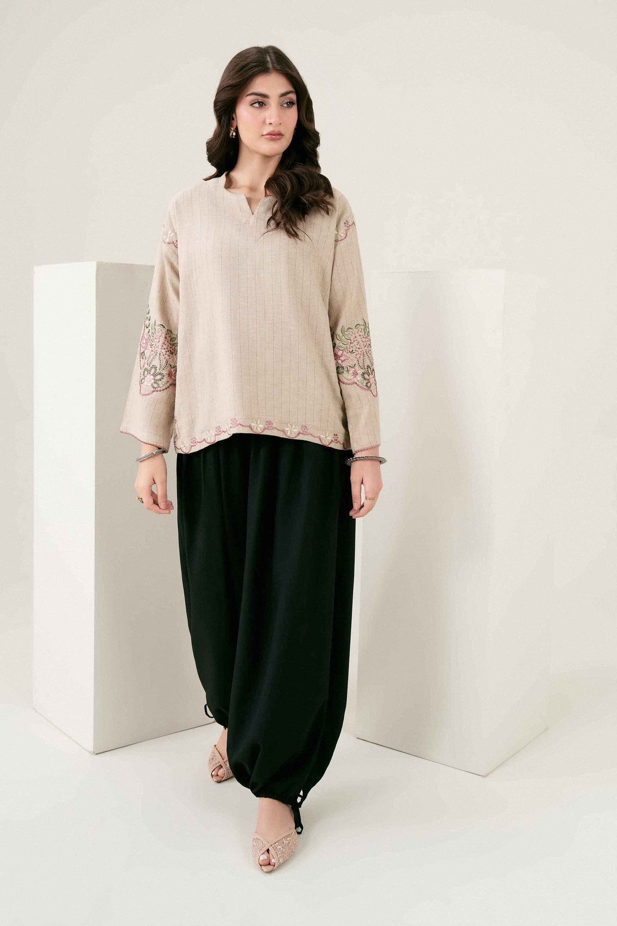Beige Embroidered Tunic in Yarn Dyed ready-to-wear