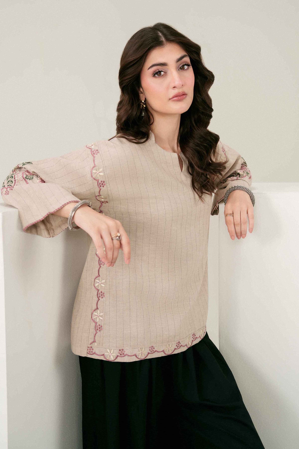 Beige Embroidered Tunic in Yarn Dyed ready-to-wear
