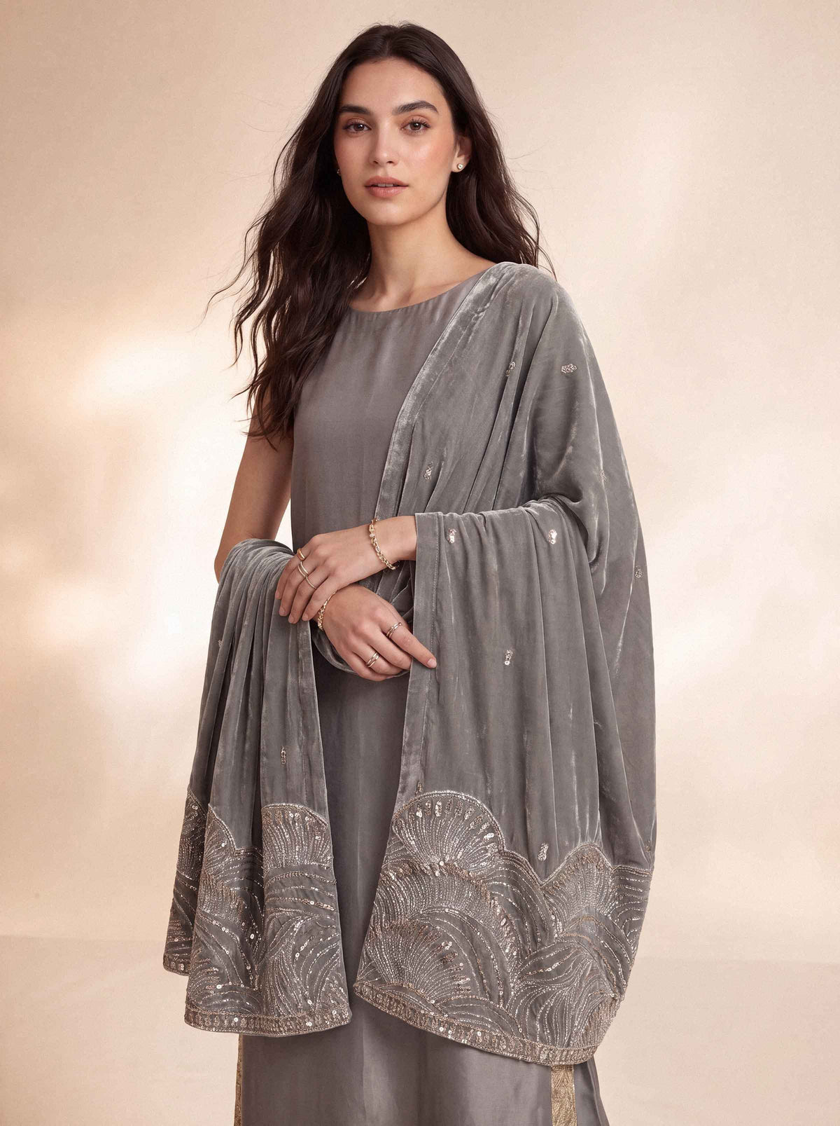 Grey Embroidered Shawl in Velvet
