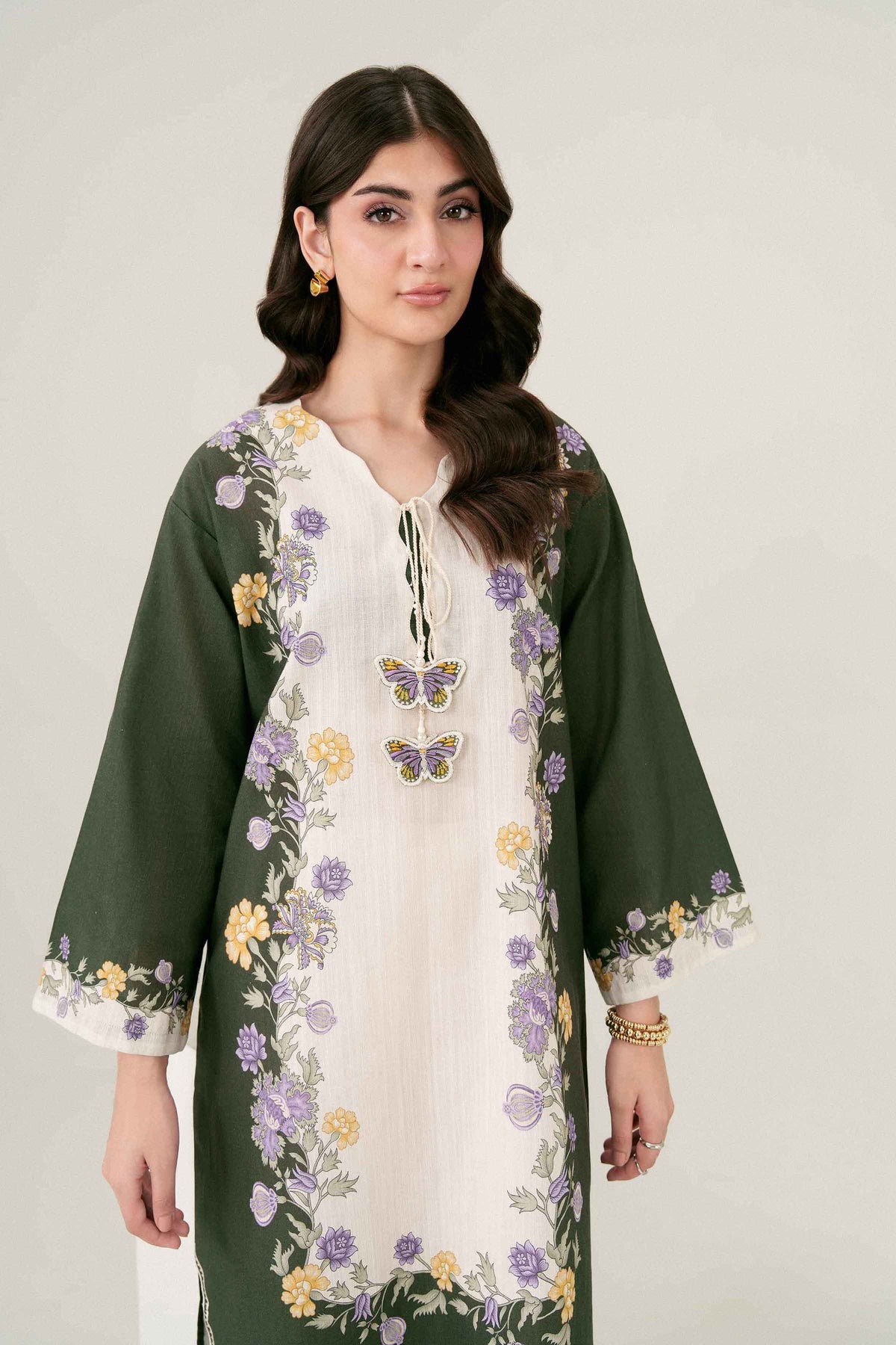 Green Printed Embroidered Shirt in Khaddar ready-to-wear