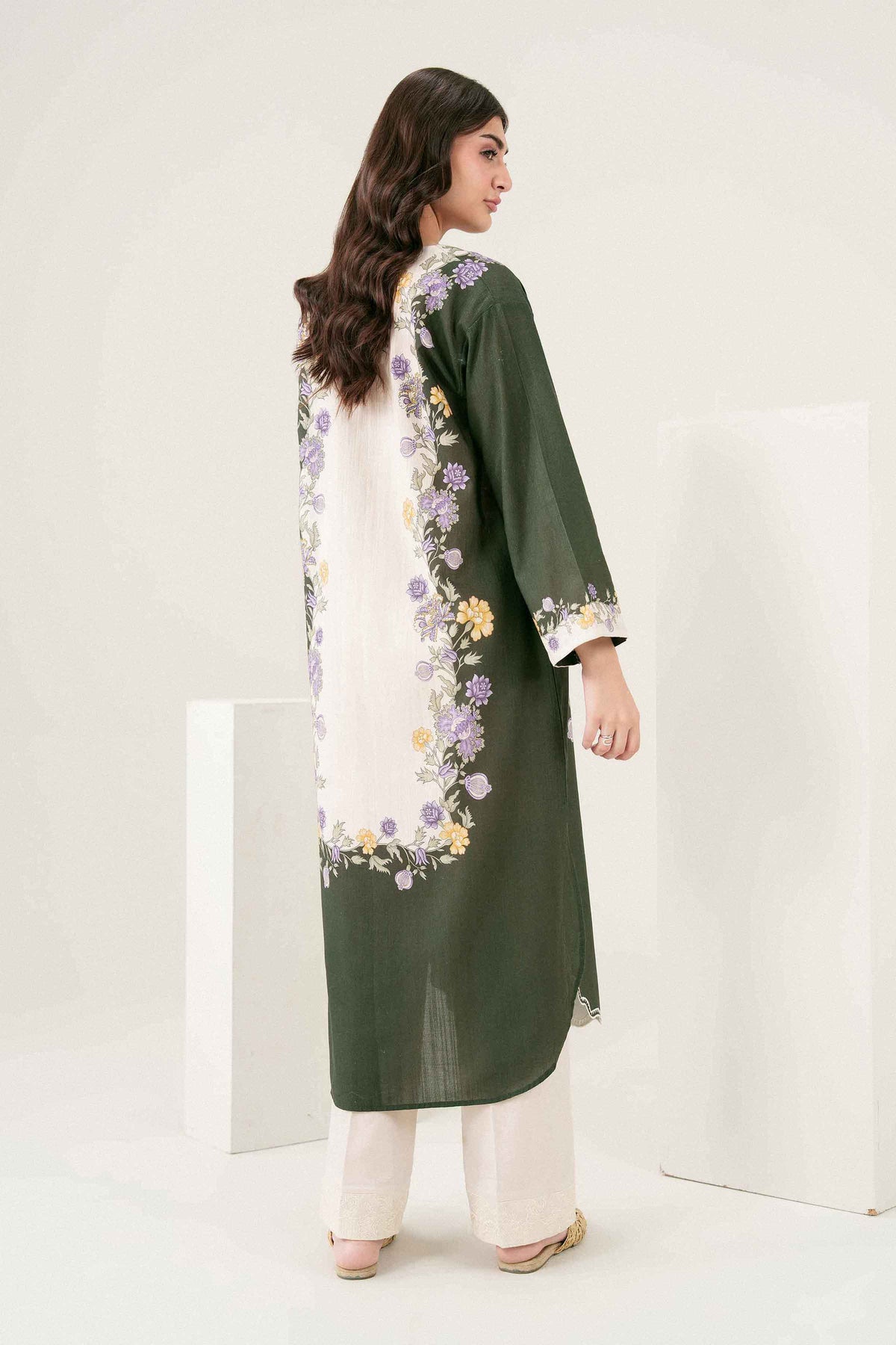 Green Printed Embroidered Shirt in Khaddar ready-to-wear