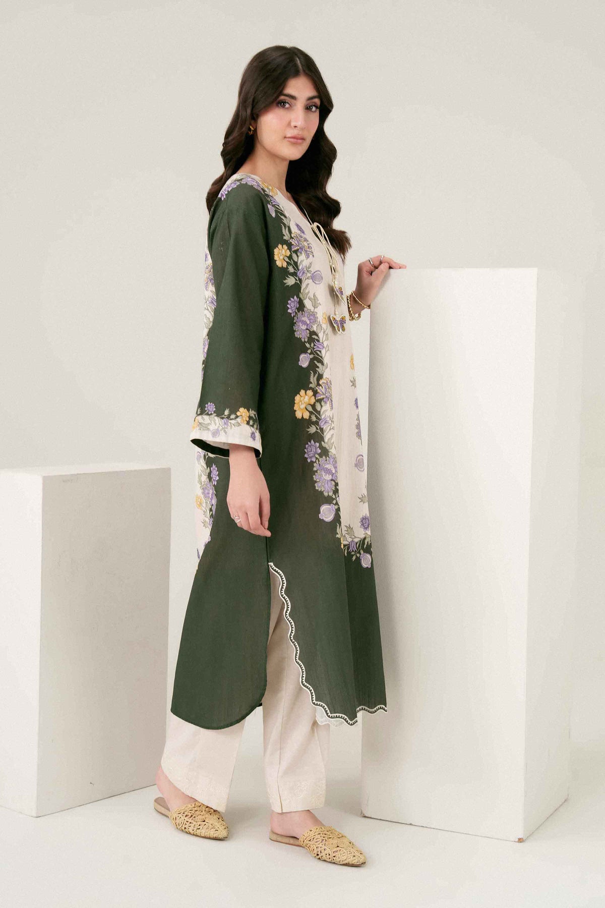 Green Printed Embroidered Shirt in Khaddar ready-to-wear