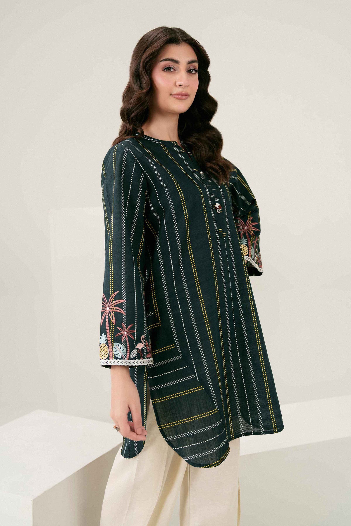 Black Printed Embroidered Shirt in Khaddar ready-to-wear
