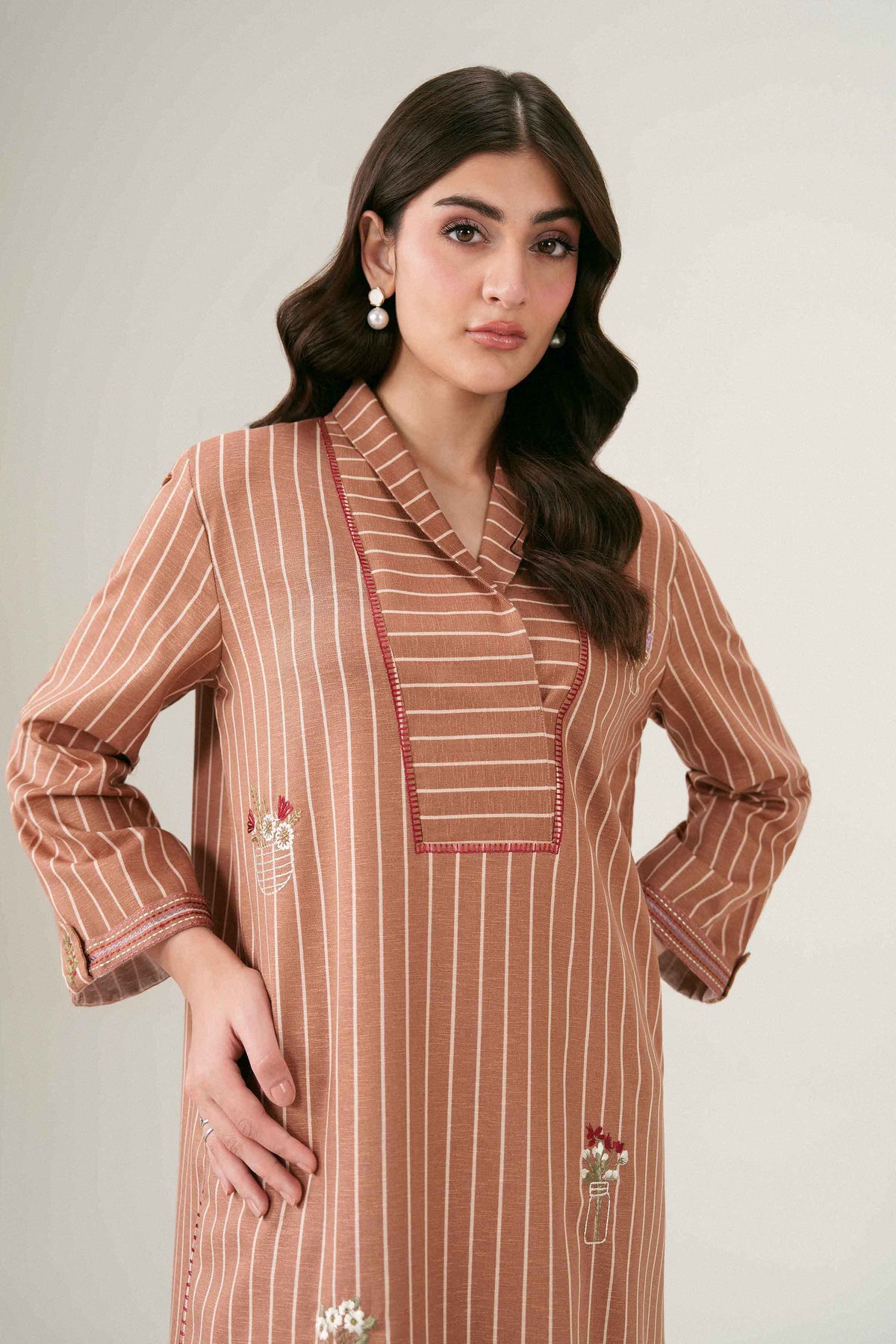 Beige Printed Embroidered Shirt in Karandi ready-to-wear