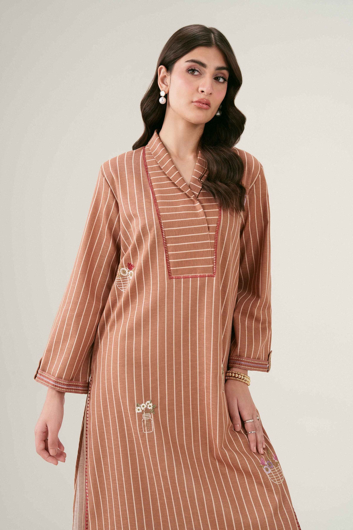 Beige Printed Embroidered Shirt in Karandi ready-to-wear