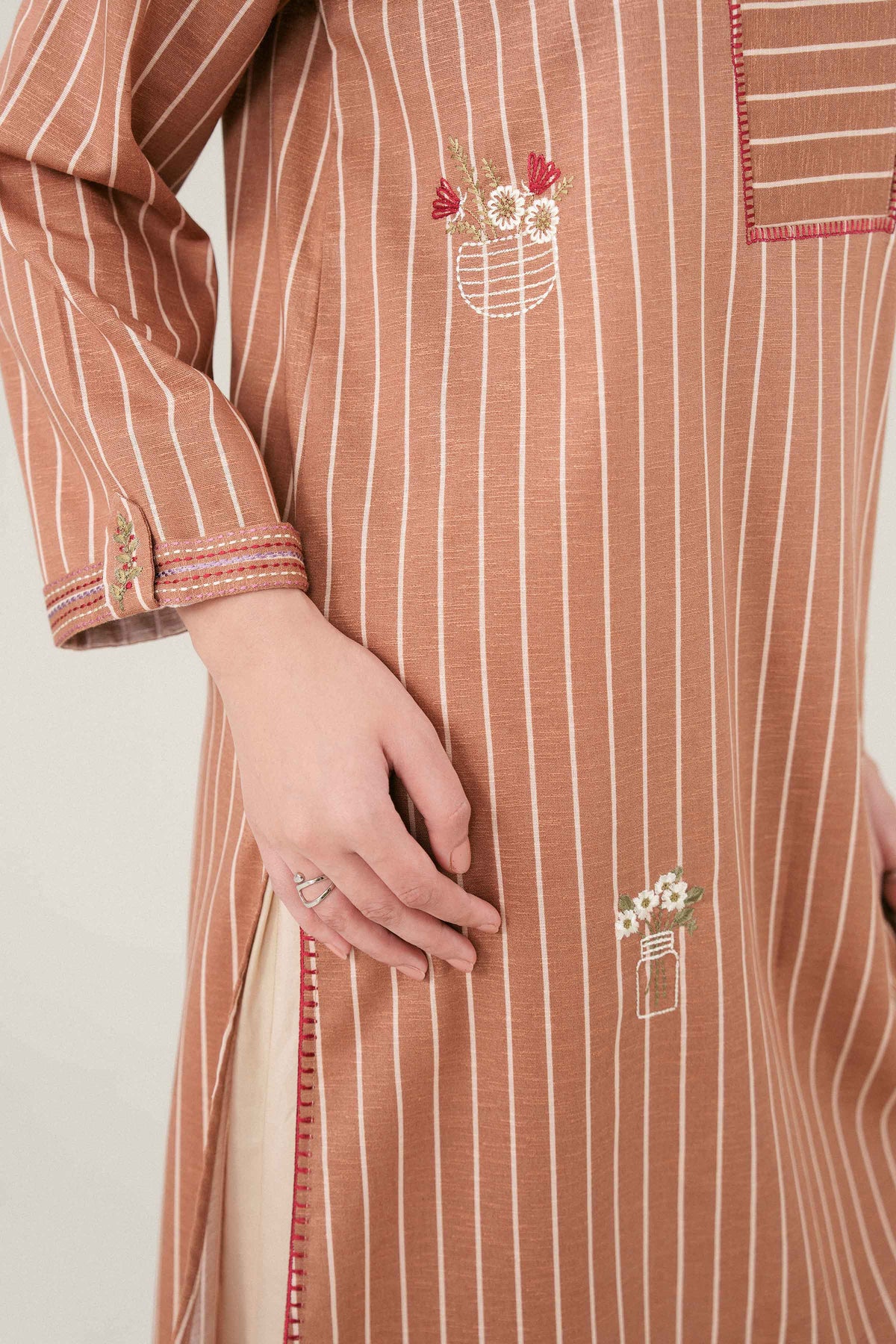 Beige Printed Embroidered Shirt in Karandi ready-to-wear