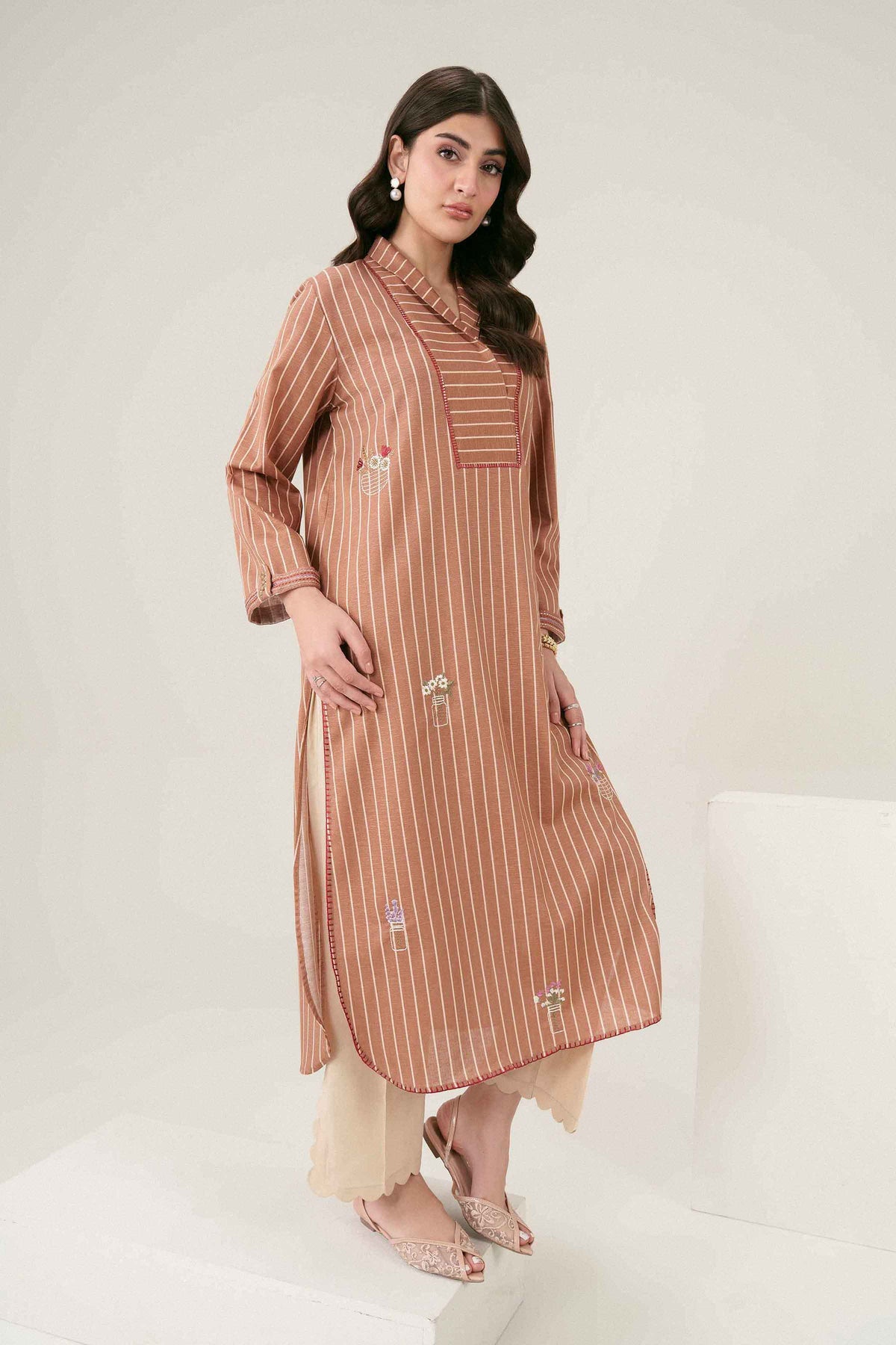 Beige Printed Embroidered Shirt in Karandi ready-to-wear