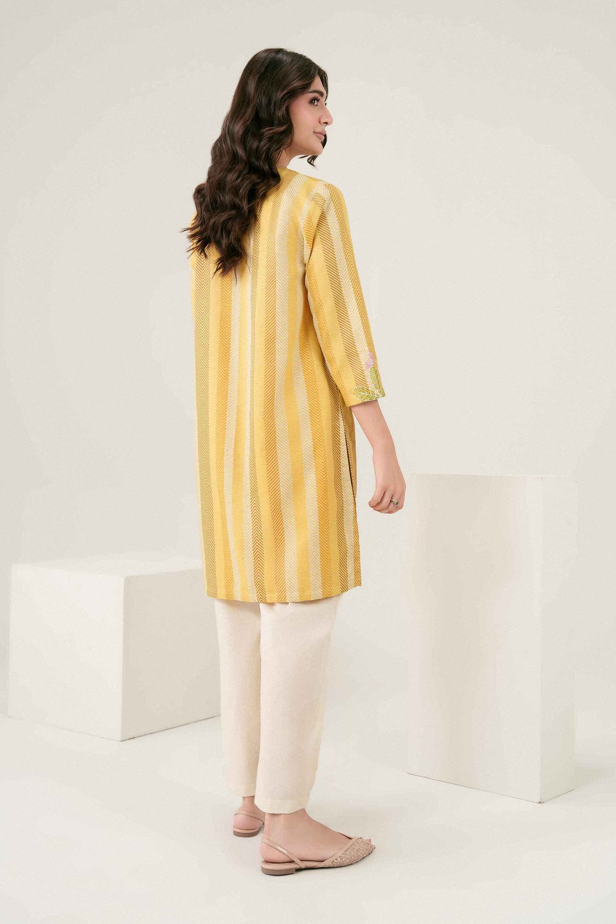 Yellow Printed Embroidered Shirt in Karandi ready-to-wear