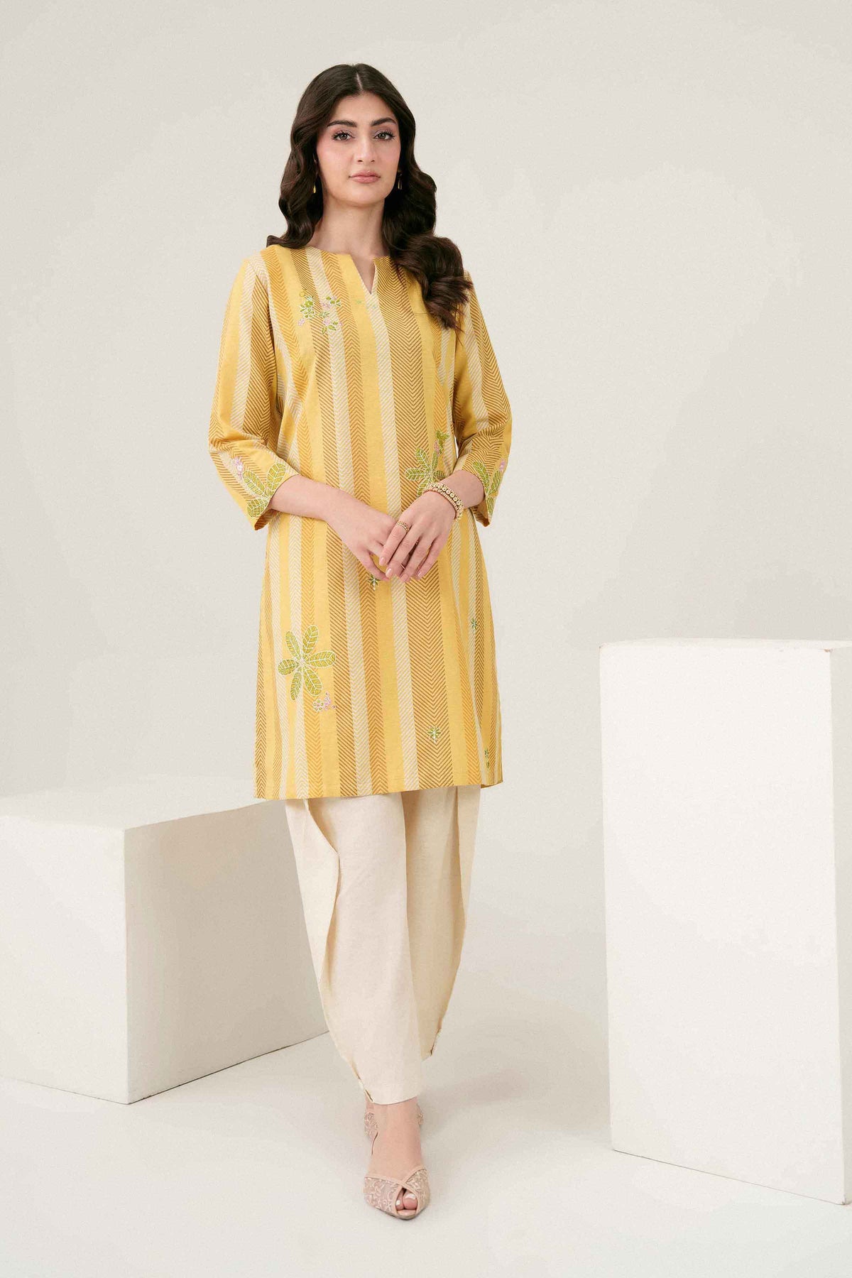 Yellow Printed Embroidered Shirt in Karandi ready-to-wear