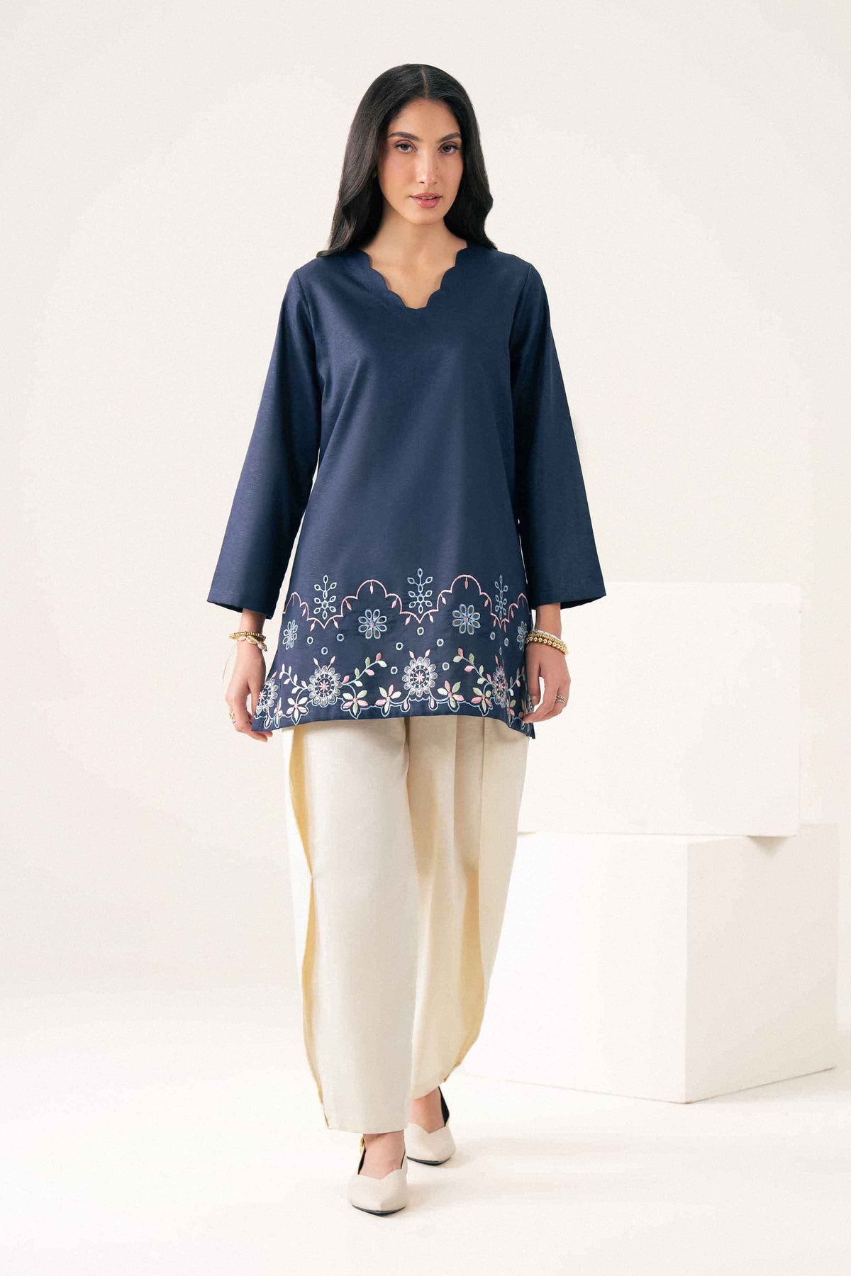 Blue Embroidered Shirt in Karandi ready-to-wear