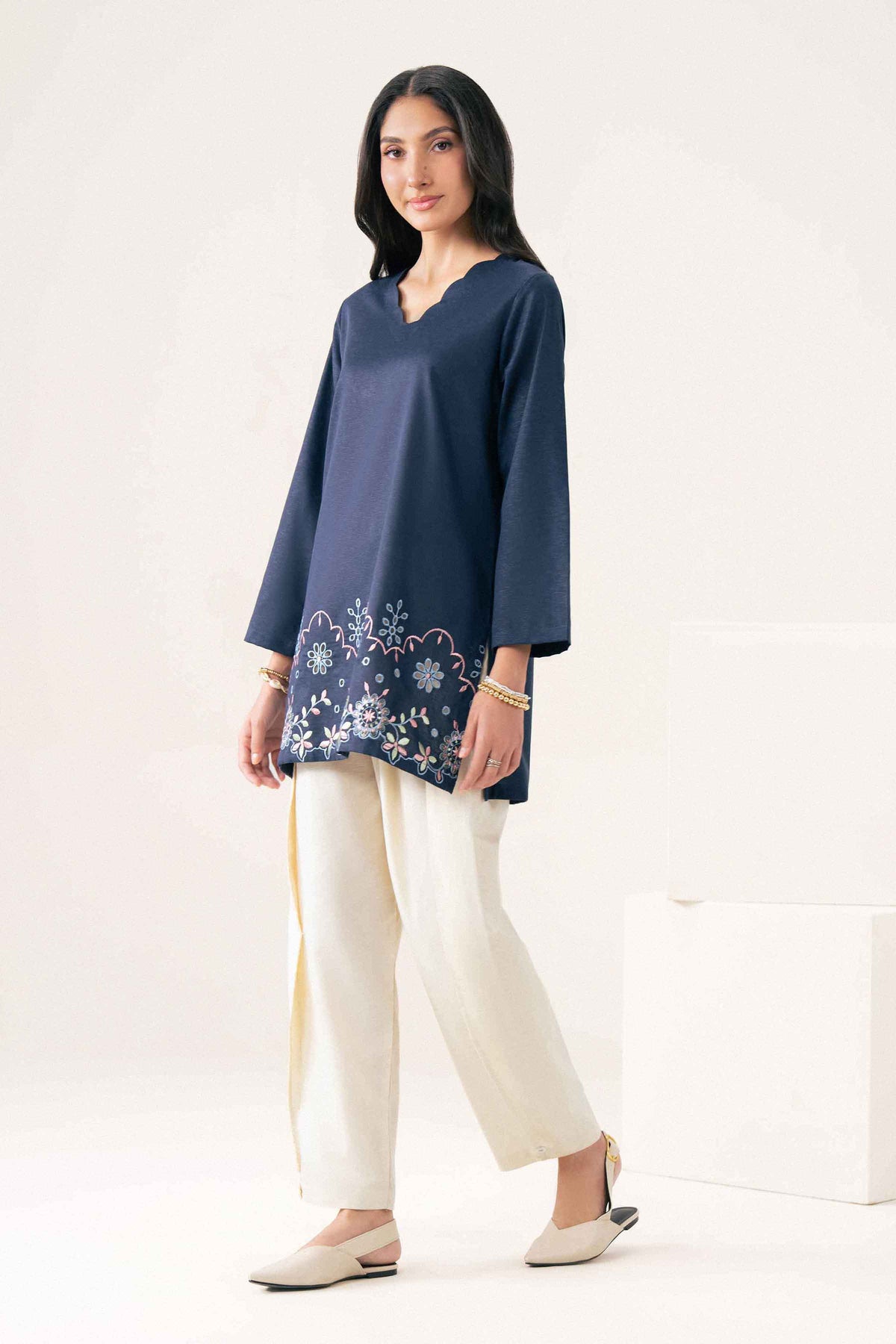Blue Embroidered Shirt in Karandi ready-to-wear