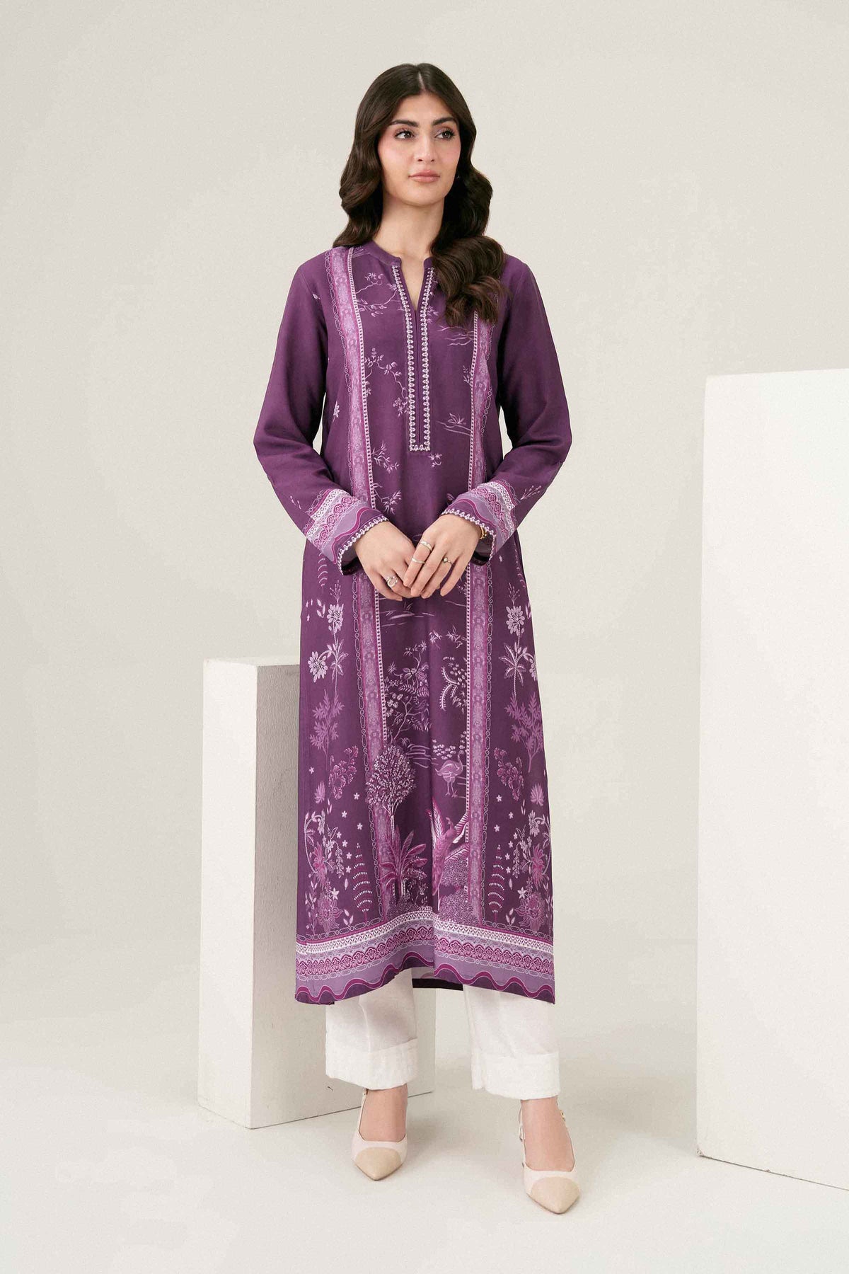 Purple Printed Embroidered Shirt in Linen ready-to-wear