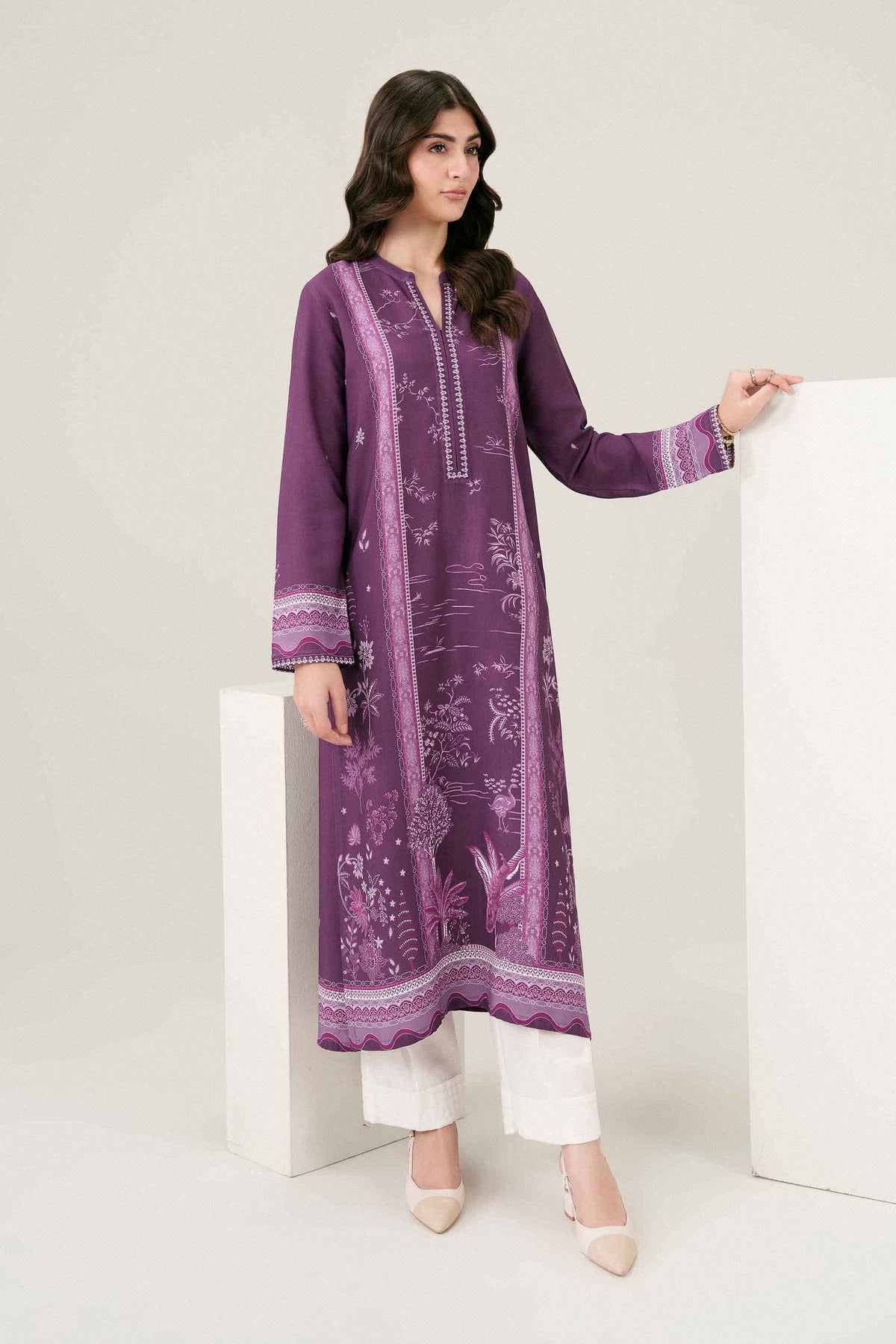 Purple Printed Embroidered Shirt in Linen ready-to-wear