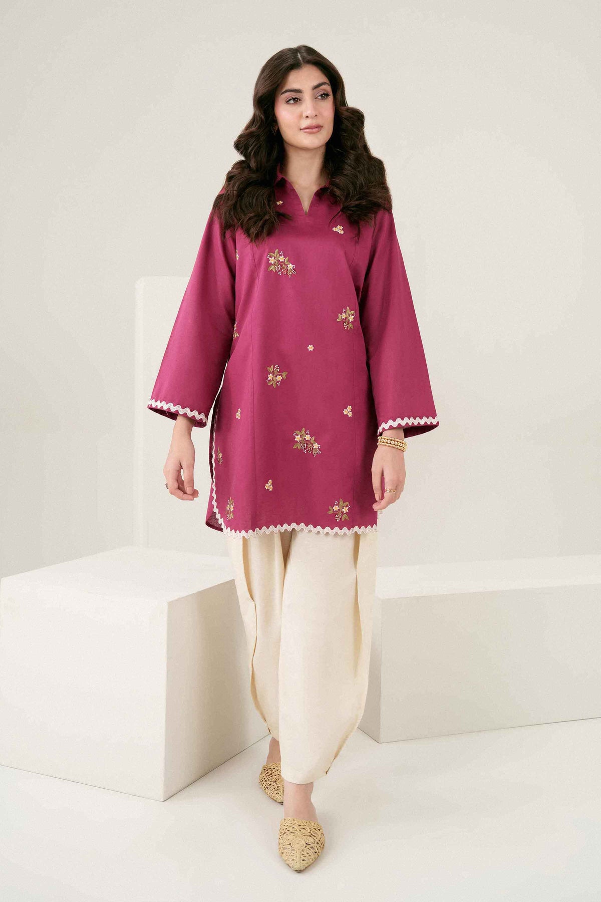 Pink Embroidered Shirt in Karandi ready-to-wear