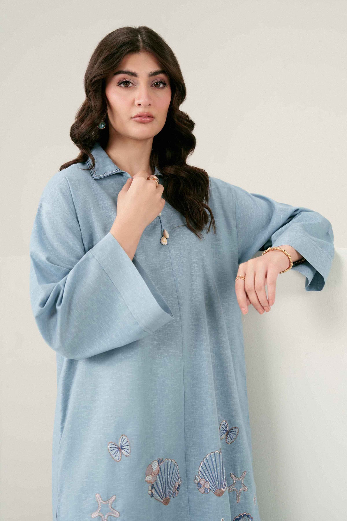 Blue Embroidered Shirt in Karandi ready-to-wear