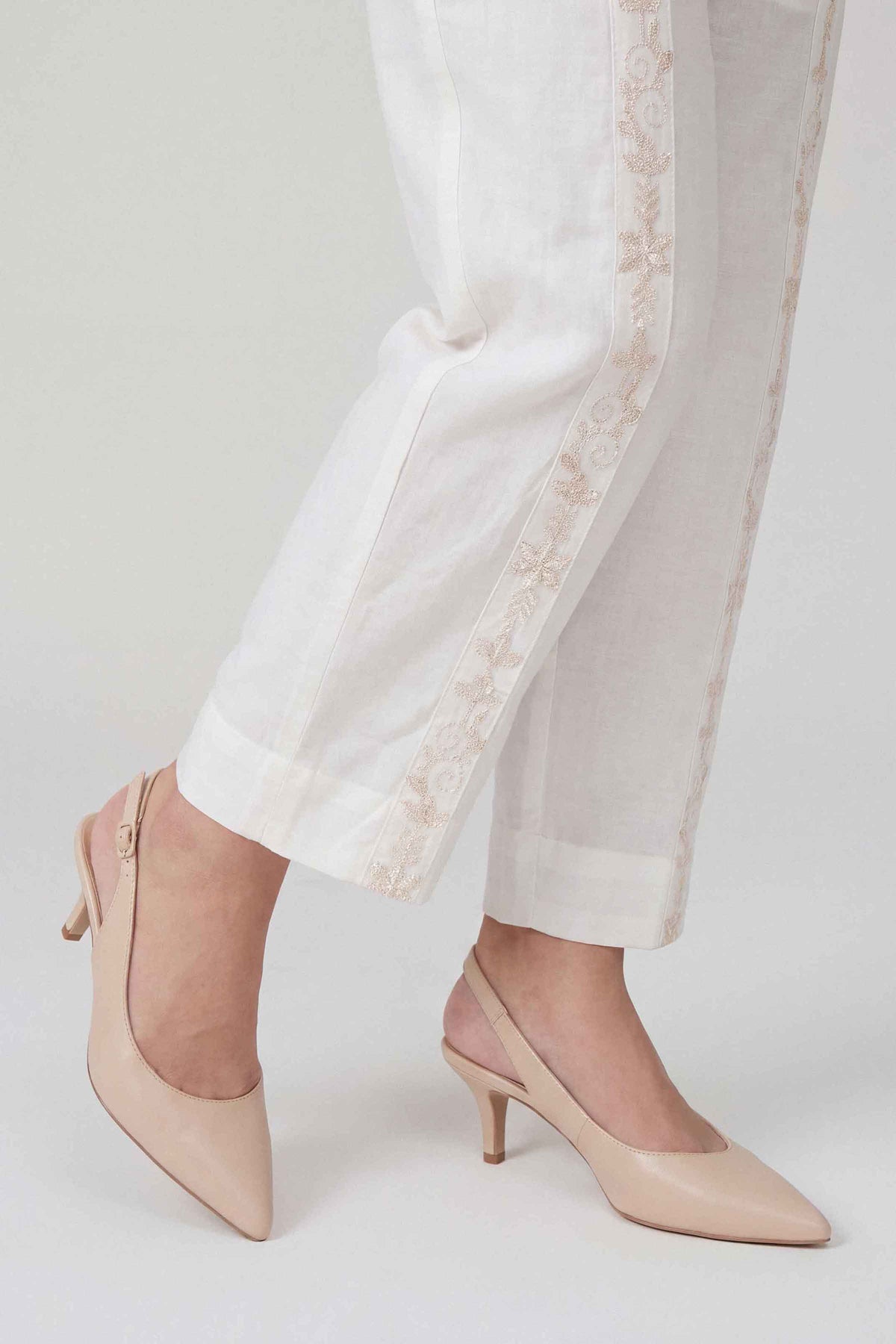 White Embroidered Trousers in Cambric