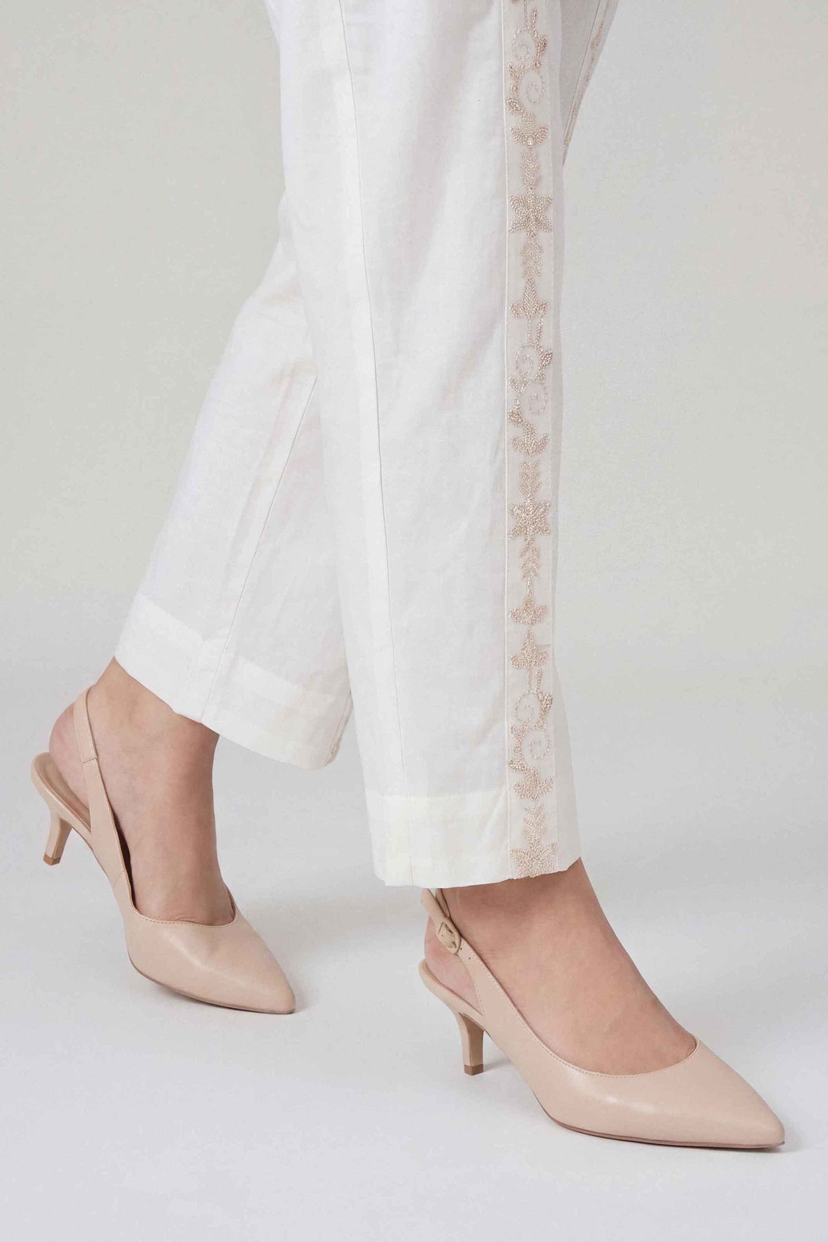 White Embroidered Trousers in Cambric