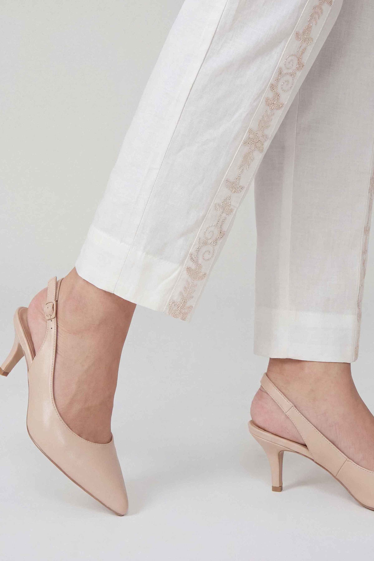 White Embroidered Trousers in Cambric