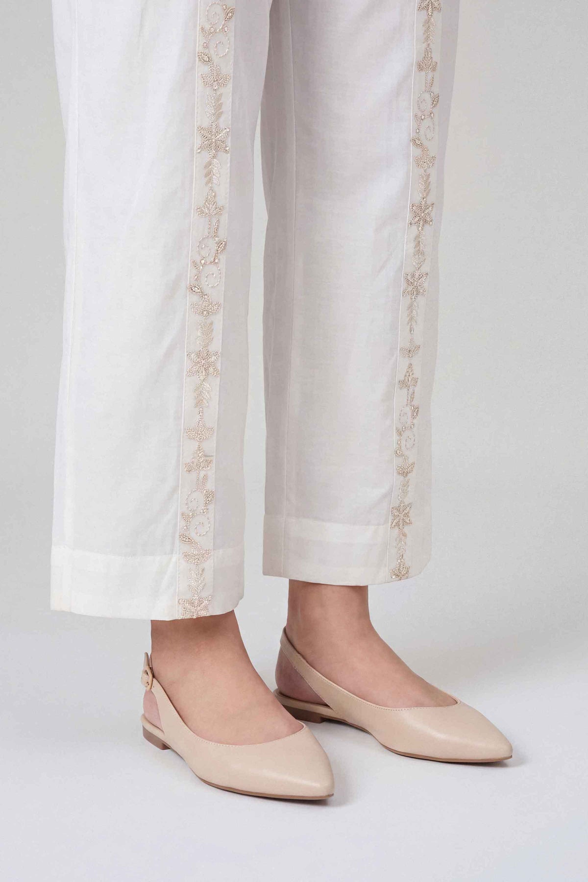 White Embroidered Trousers in Cambric