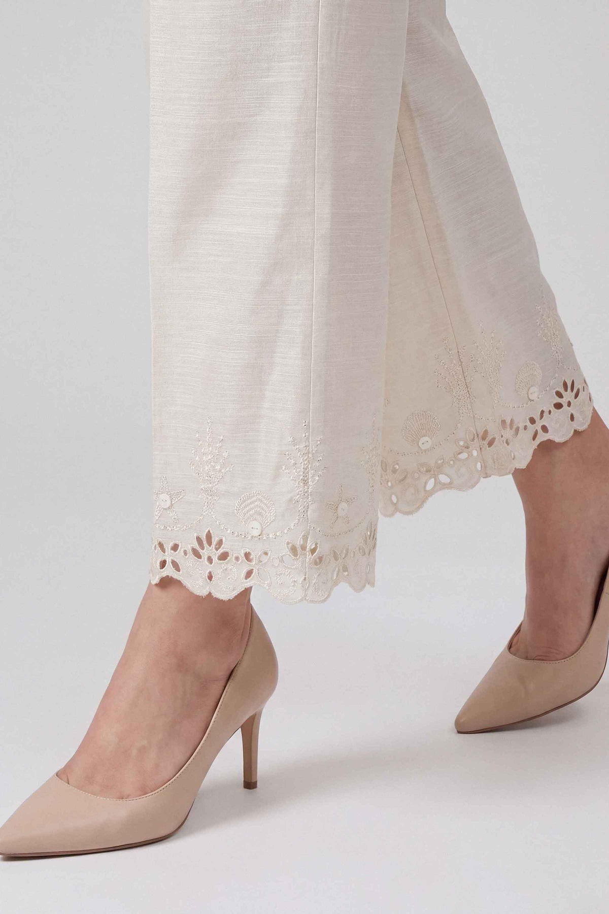 Off White Embroidered Pants in Khaddar