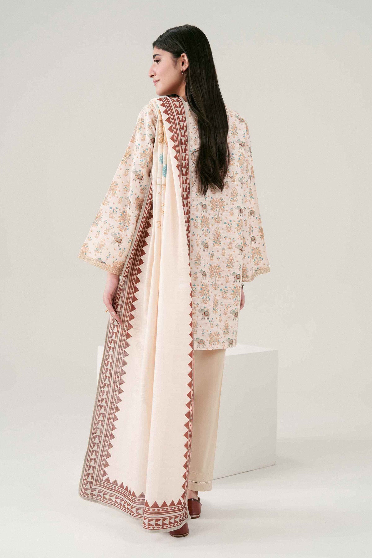 Cream 2-Piece Printed Embroidered Suit in Khaddar ready-to-wear