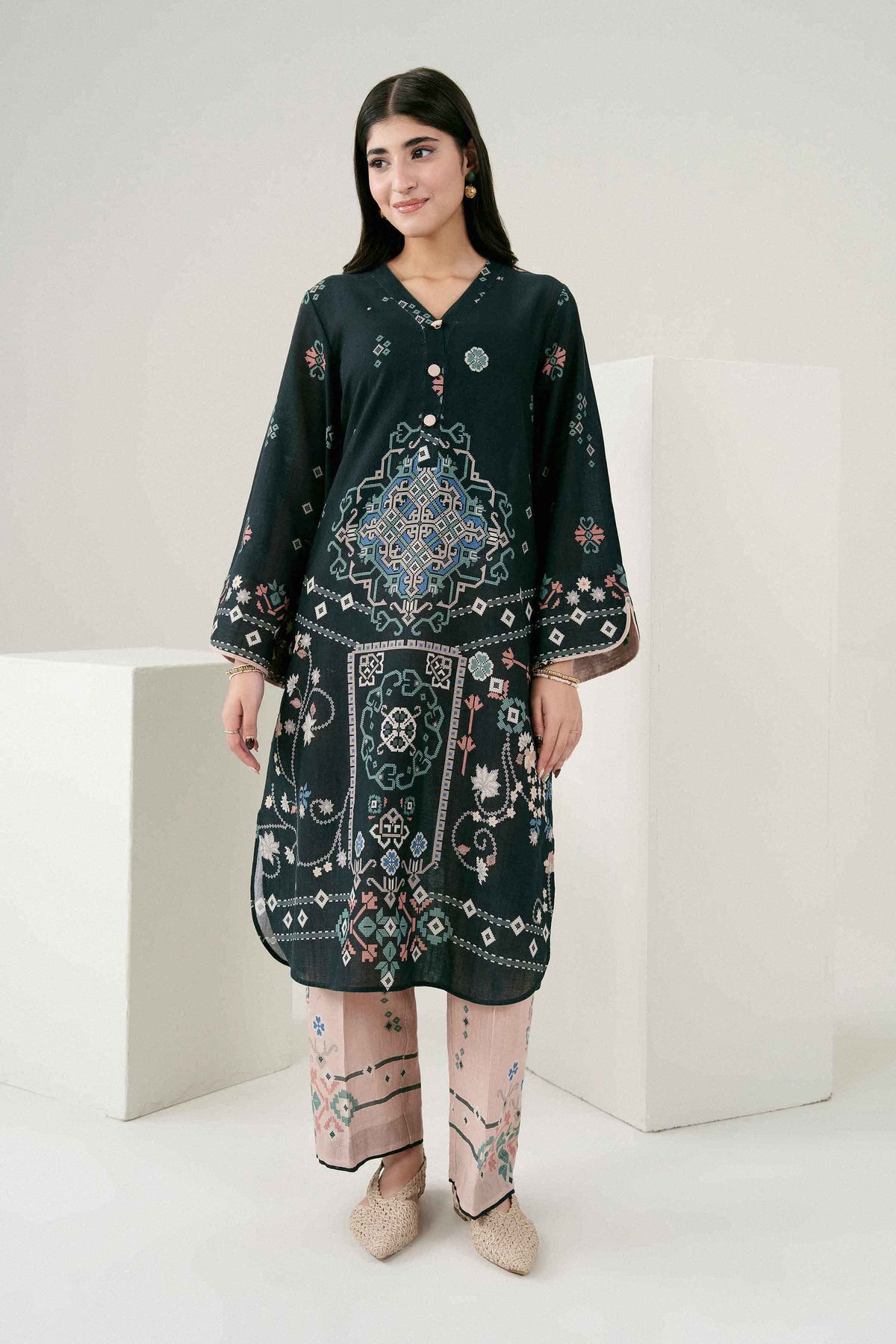 Black 2-Piece Printed Suit in Khaddar ready-to-wear