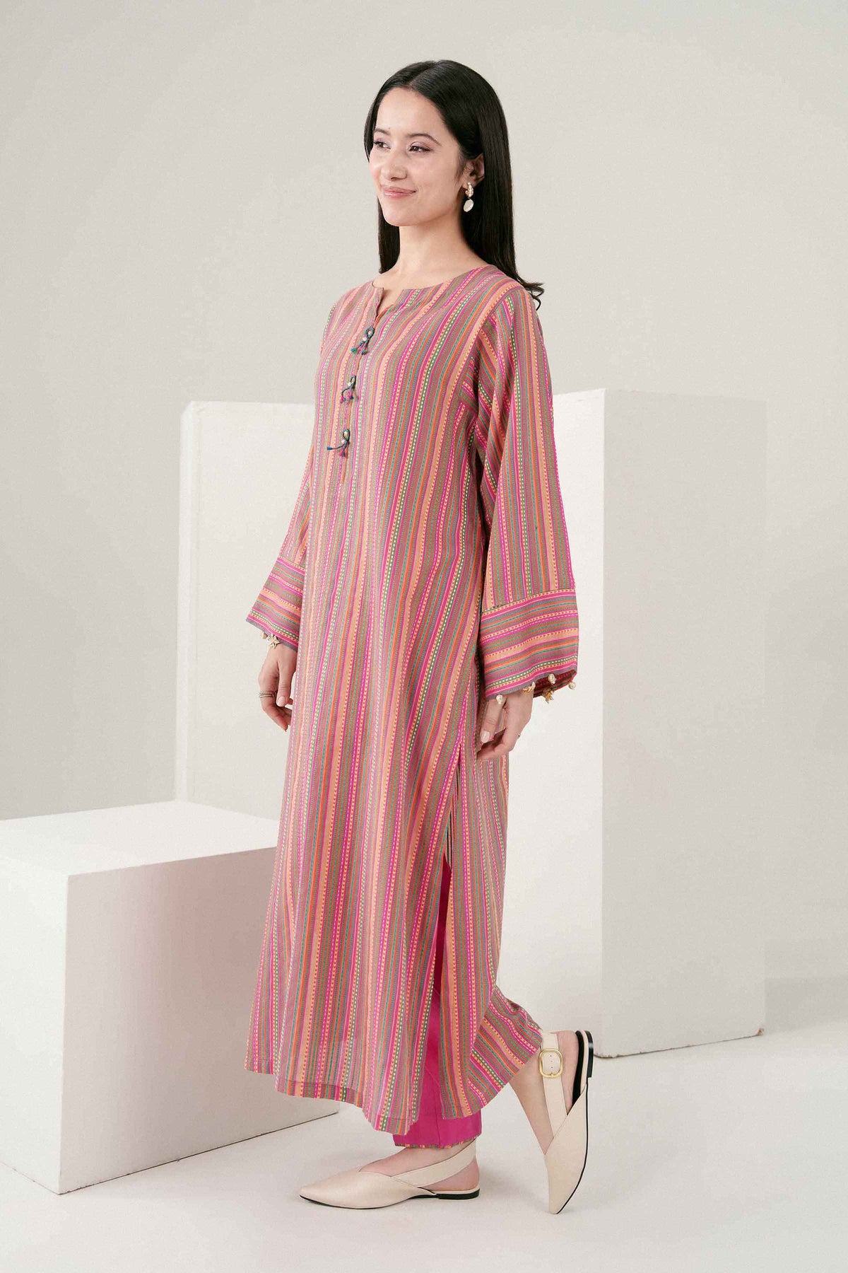 Pink 2-Piece Printed Suit in Rangoli Chevron Stripes ready-to-wear
