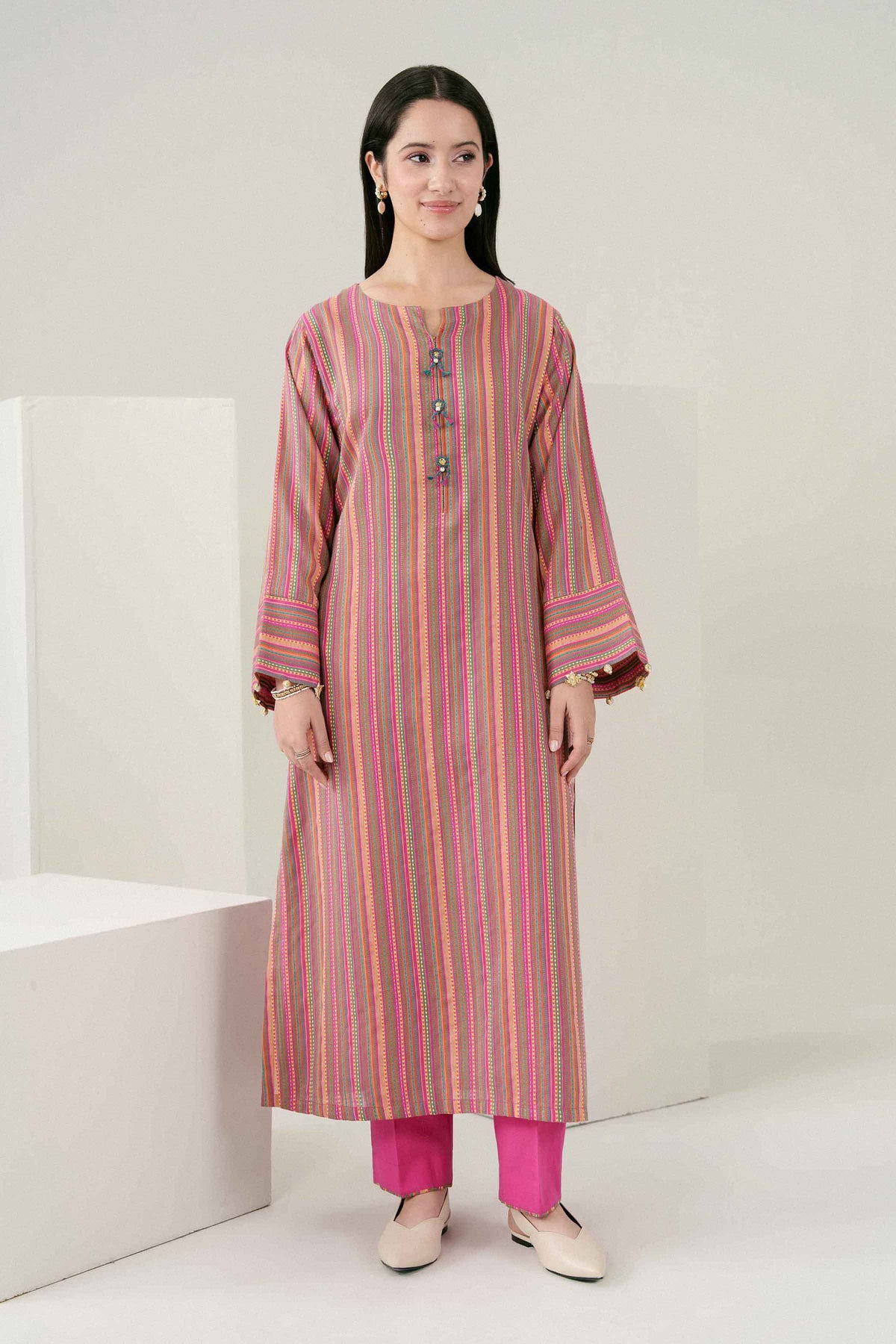 Pink 2-Piece Printed Suit in Rangoli Chevron Stripes ready-to-wear