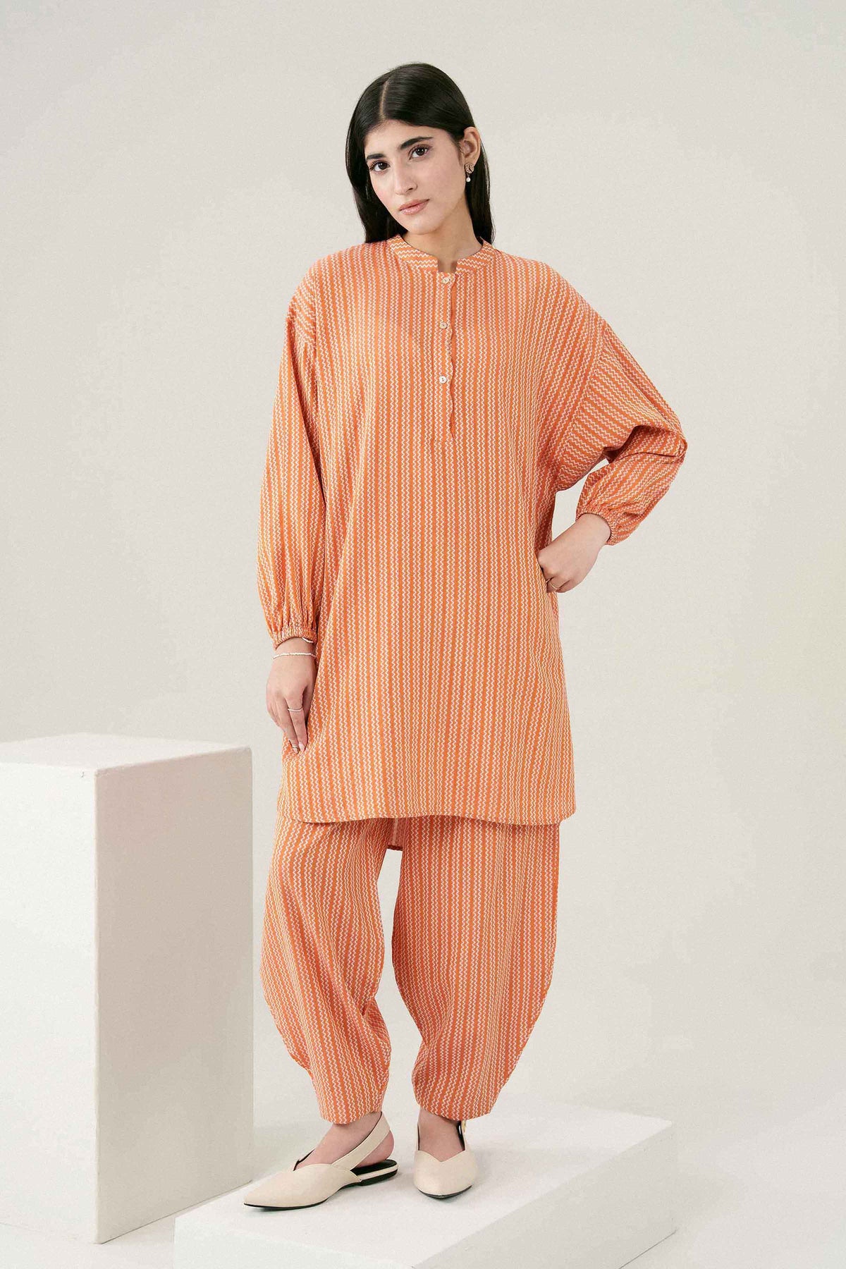Orange 2-Piece Printed Suit in Yarn Dyed ready-to-wear