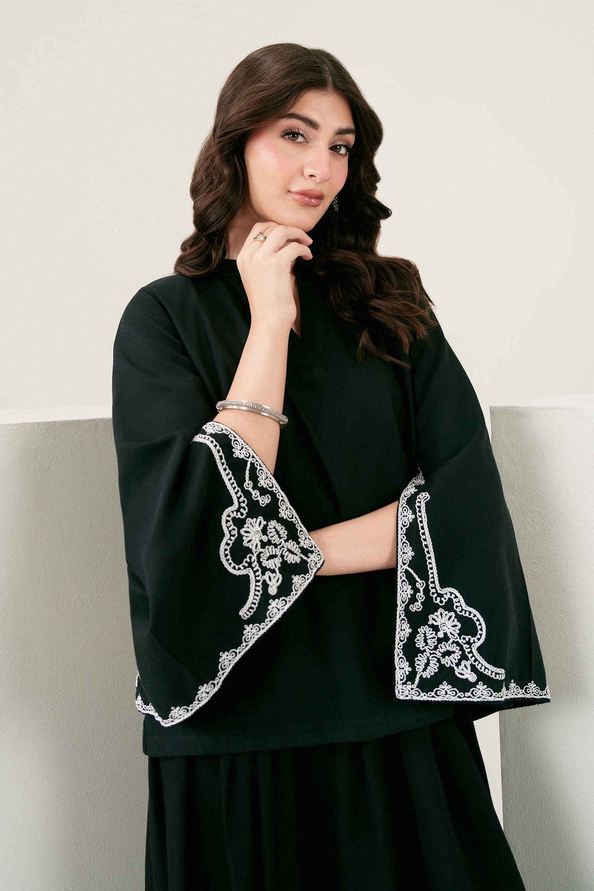 Black Embroidered Tunic in Yarn Dyed ready-to-wear