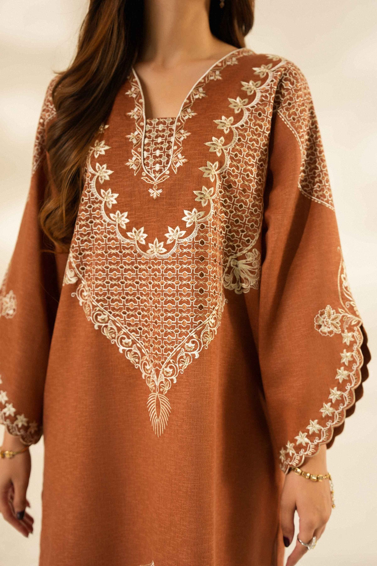 Rust 2-Piece Printed Embroidered Suit in Karandi ready-to-wear