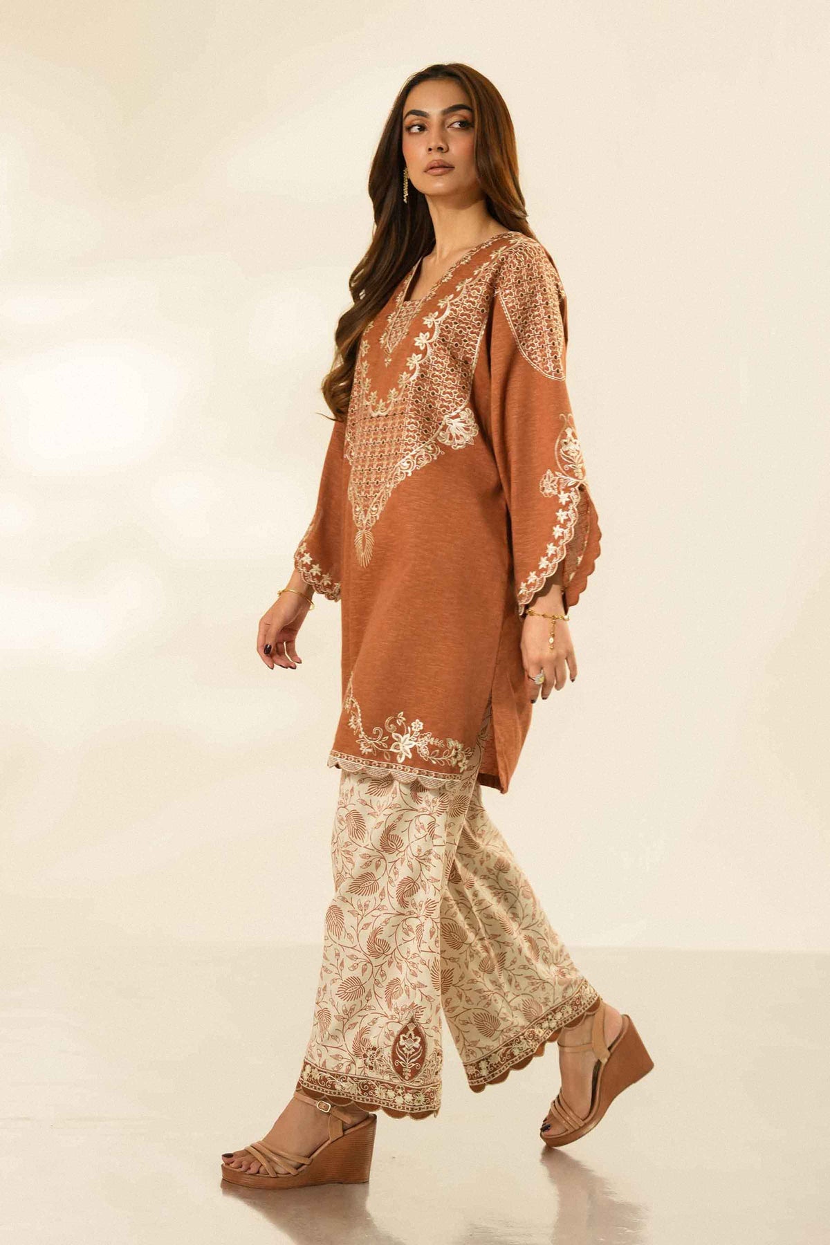 Rust 2-Piece Printed Embroidered Suit in Karandi ready-to-wear