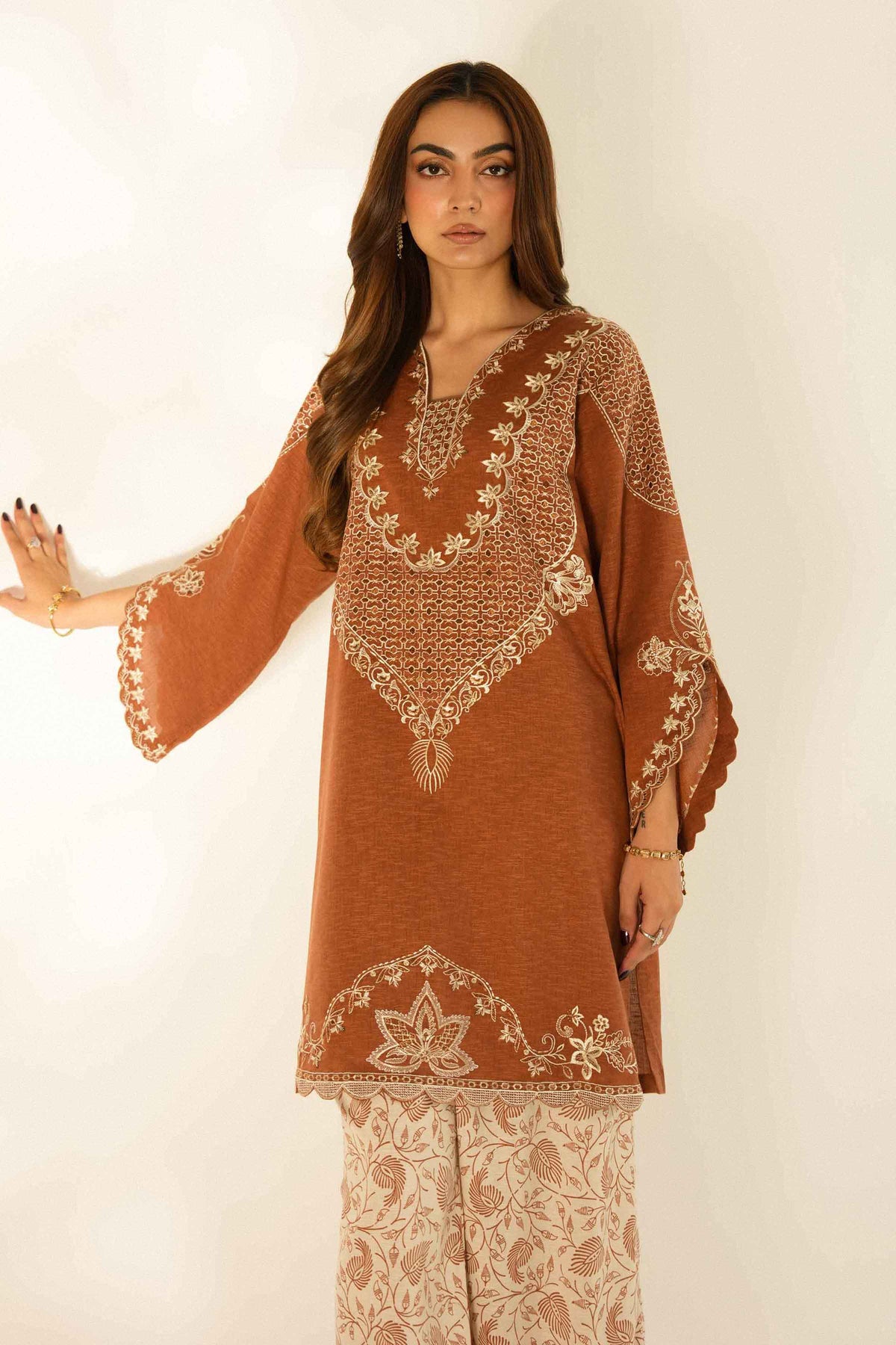Rust 2-Piece Printed Embroidered Suit in Karandi ready-to-wear
