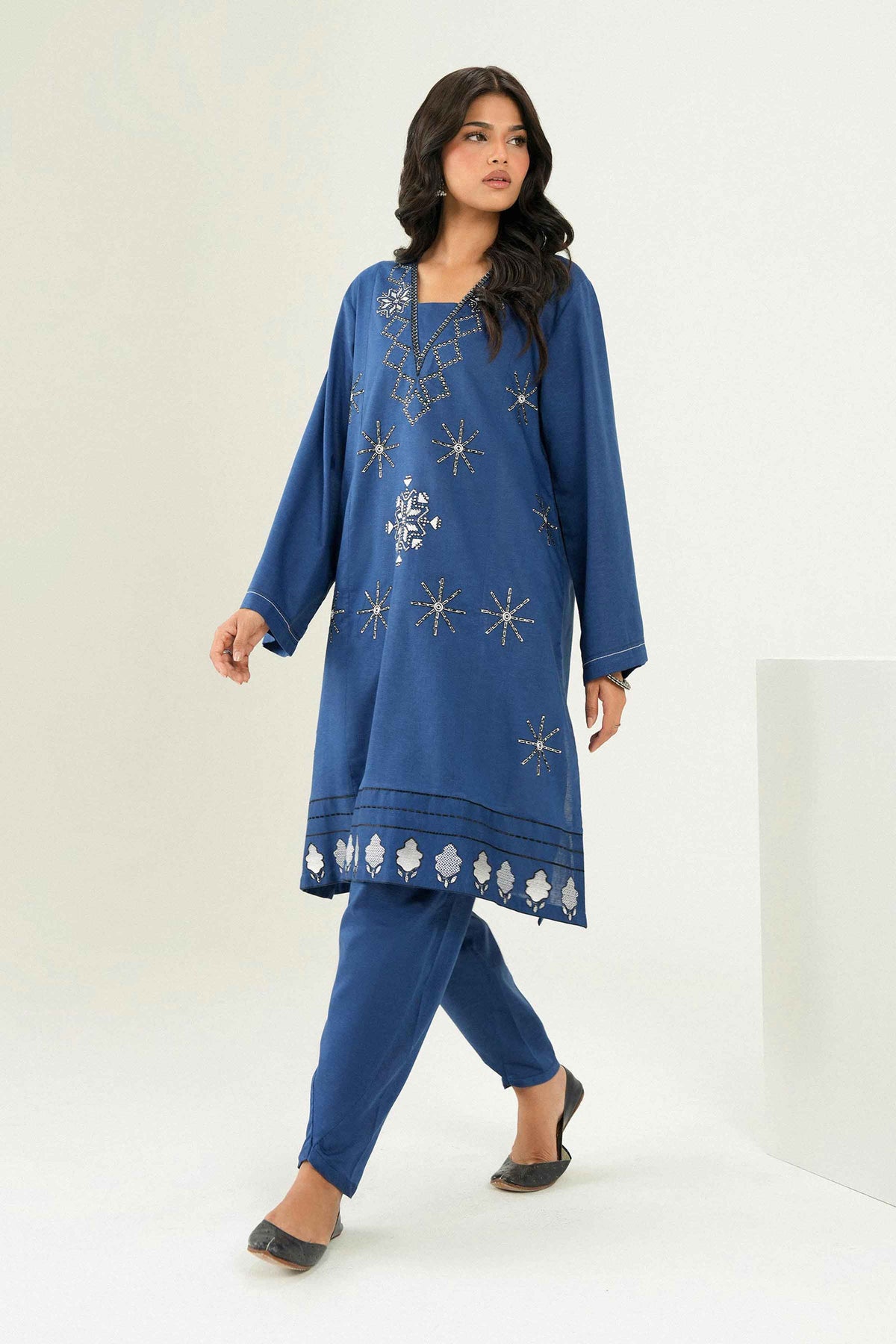 Blue 2-Piece Embroidered Suit in Karandi ready-to-wear